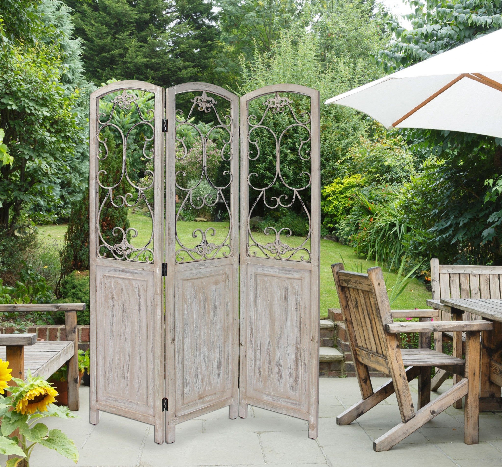 浪漫白色捲軸三面板房間隔斷屏風