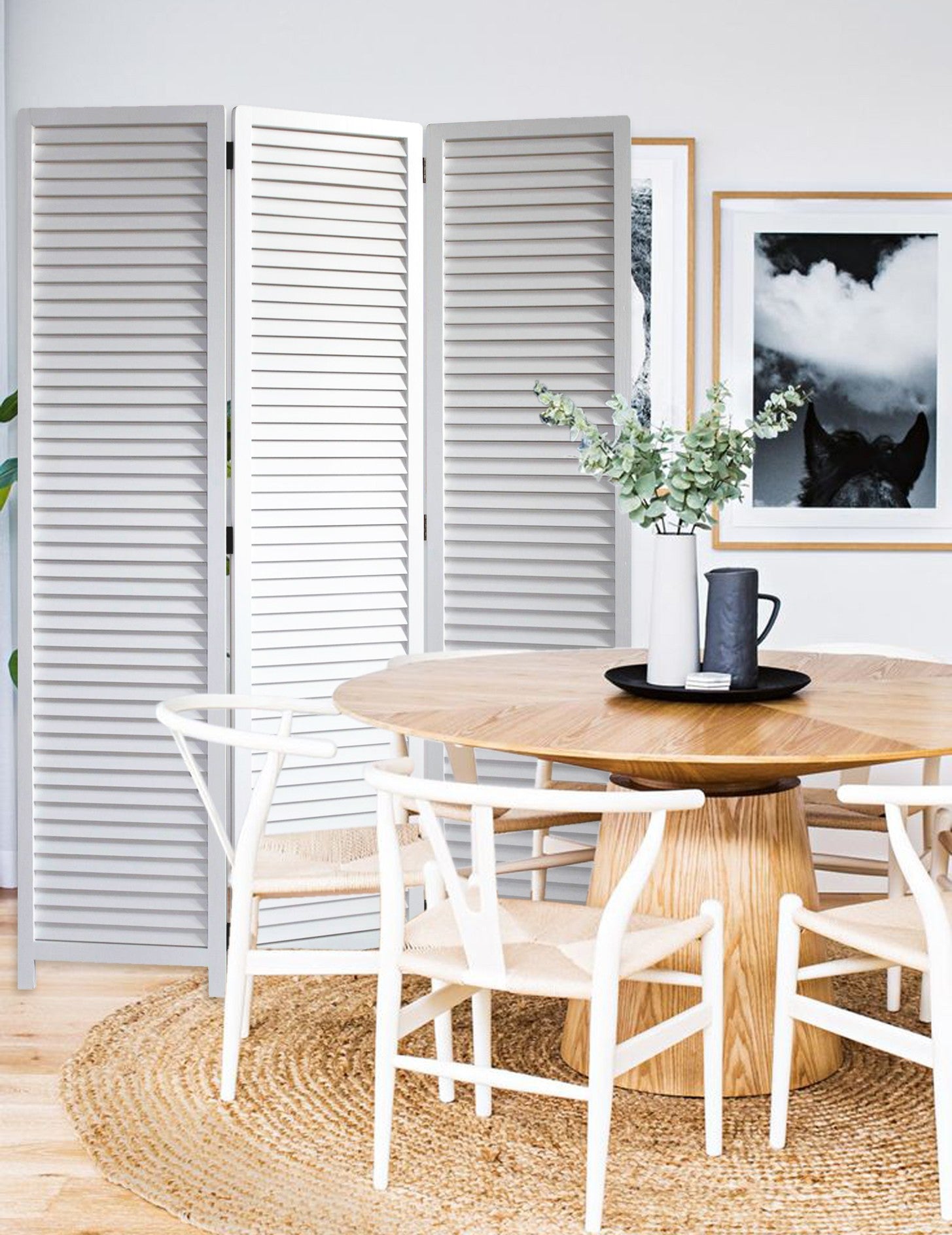 白色百葉窗式三面板房間隔斷屏風