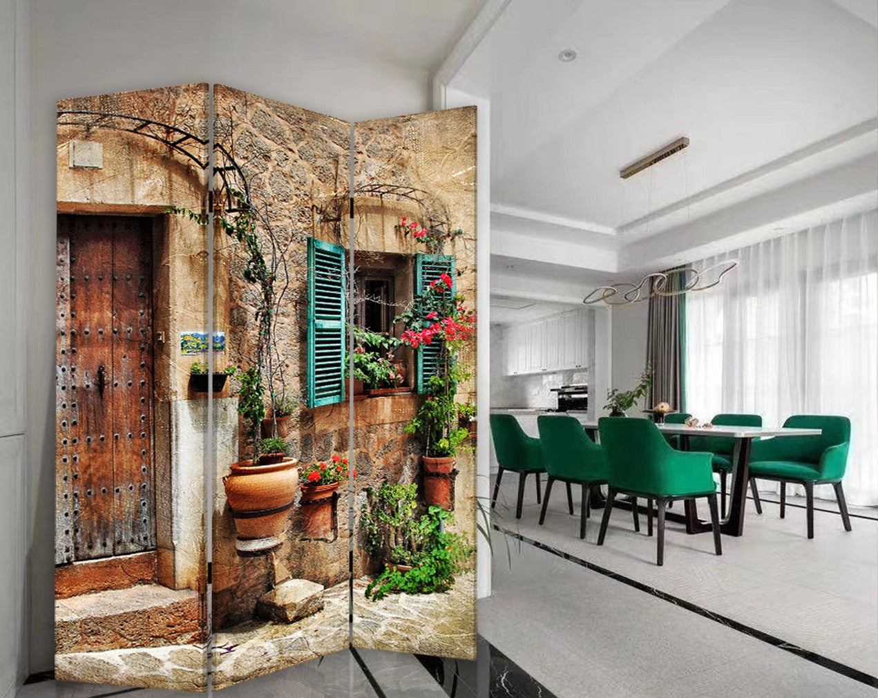 浪漫歐式街頭三屏房屏風