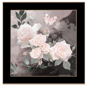 Pretty Pink Roses and Butterfly Black Framed Print Wall Art