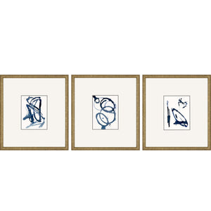Set Of Three Blue Abstract Gold Frame Print Wall Art