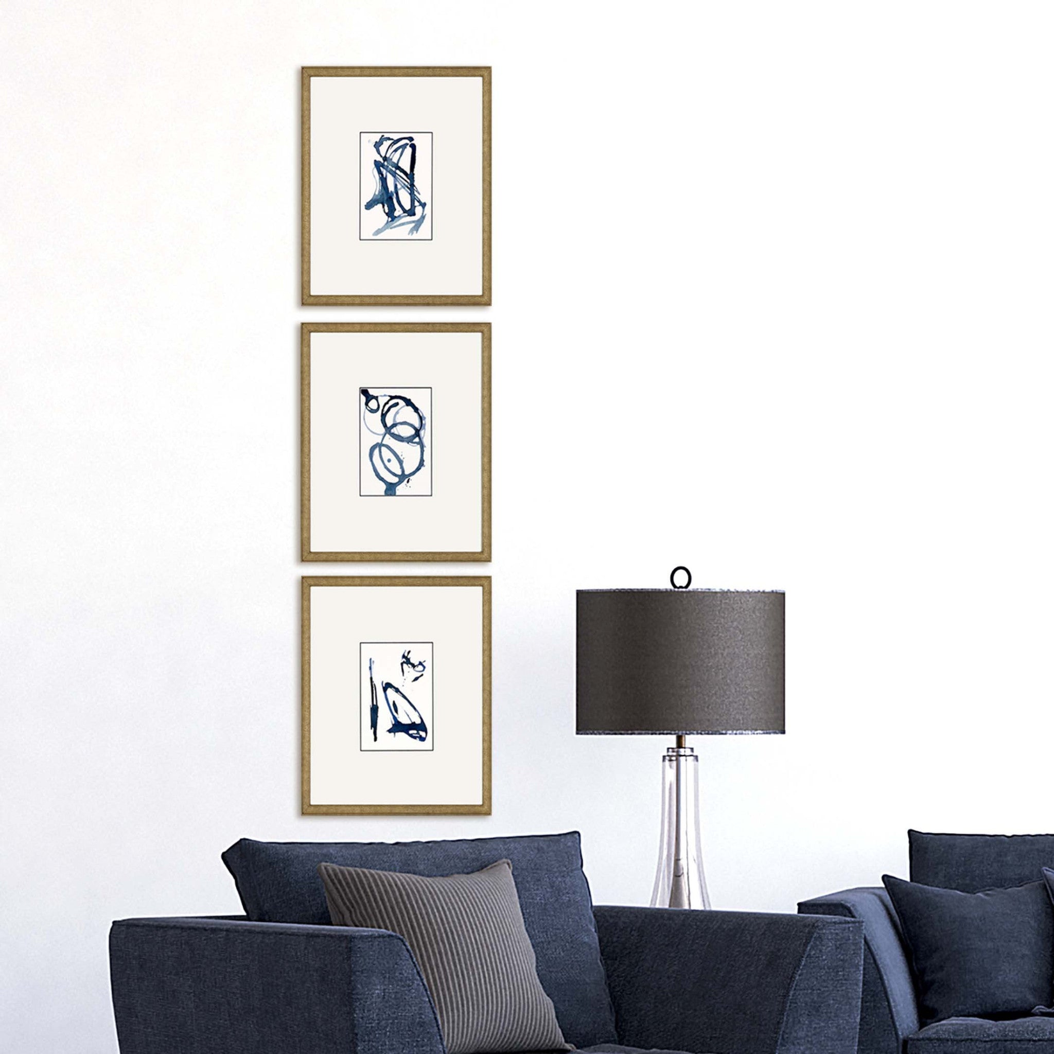Set Of Three Blue Abstract Gold Frame Print Wall Art