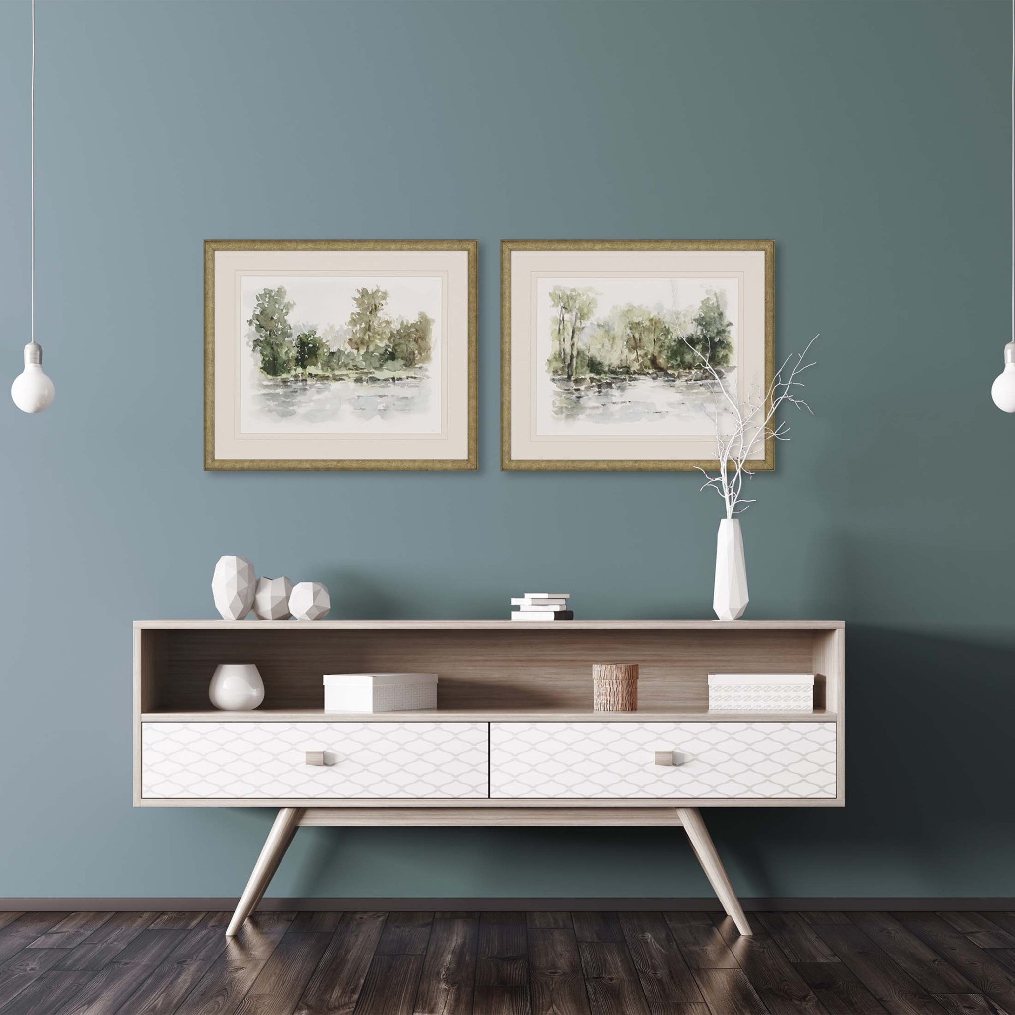 Set Of Two Wooded Stream Gold Frame Print Wall Art