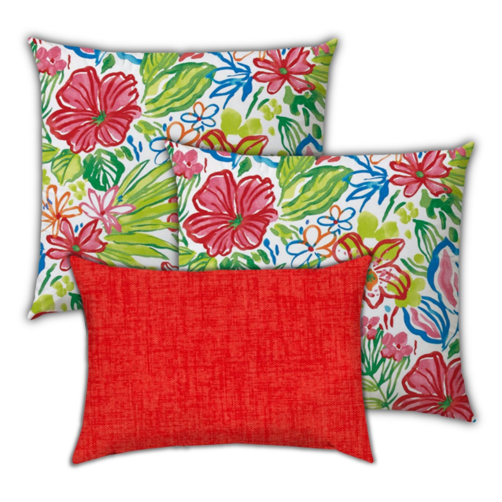 Set Of Three 18" X 18" Red And White Blown Seam Floral Throw Indoor Outdoor Pillow