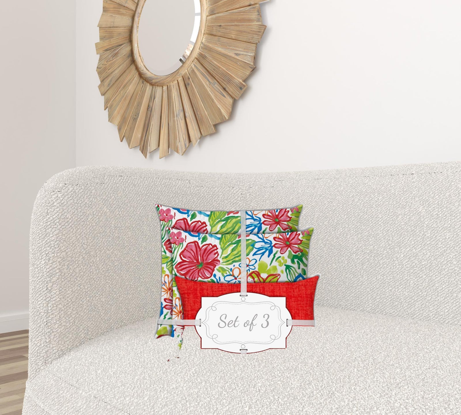 Set Of Three 18" X 18" Red And White Blown Seam Floral Throw Indoor Outdoor Pillow