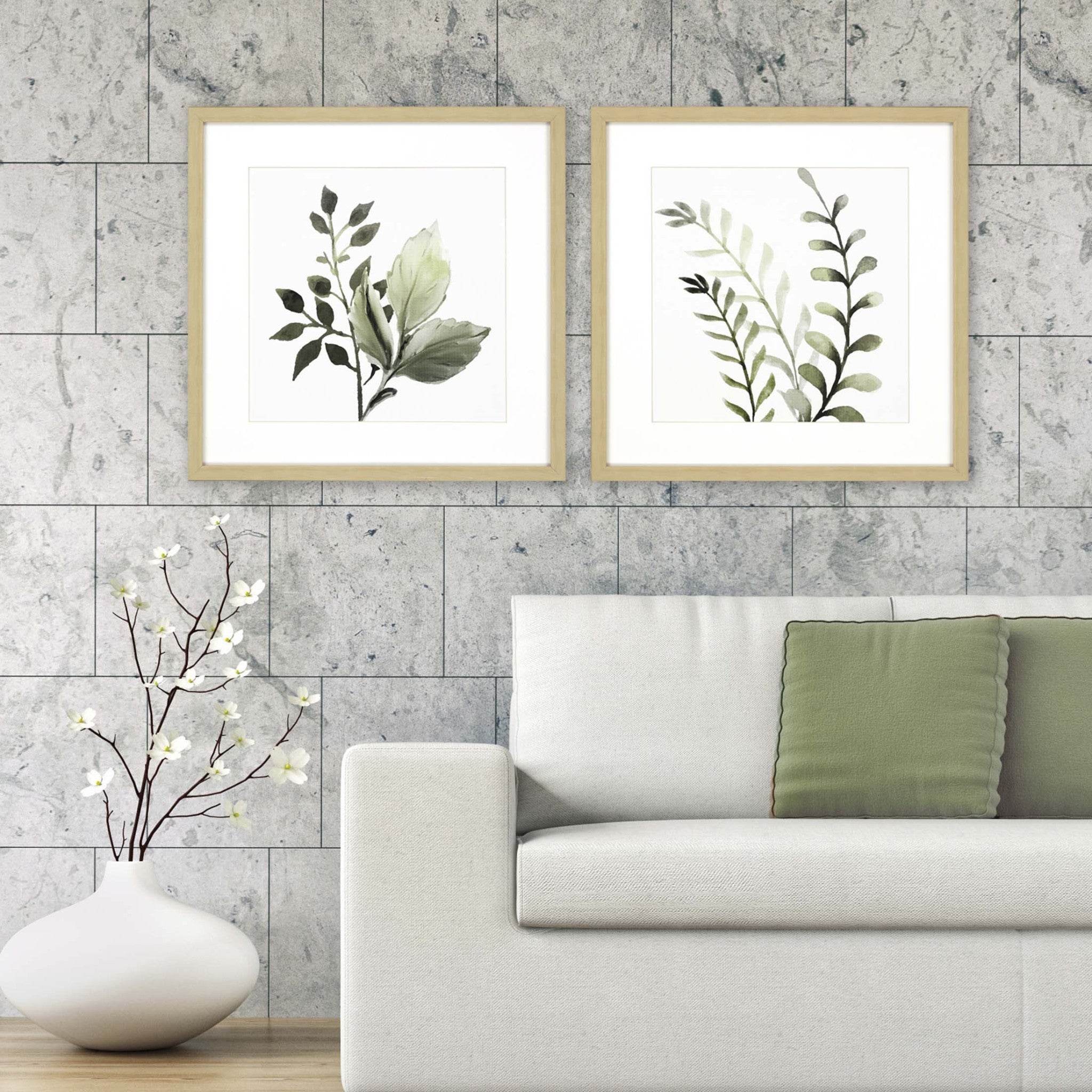 Set Of 2 Green Watercolor Sage Botanical Square Framed Wall Art
