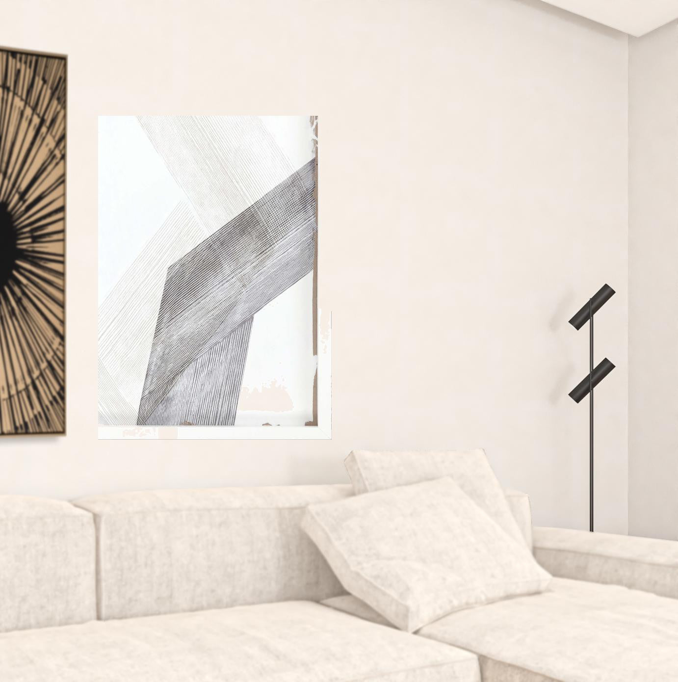 White and Gray Abstract Lines White Framed Wall Art
