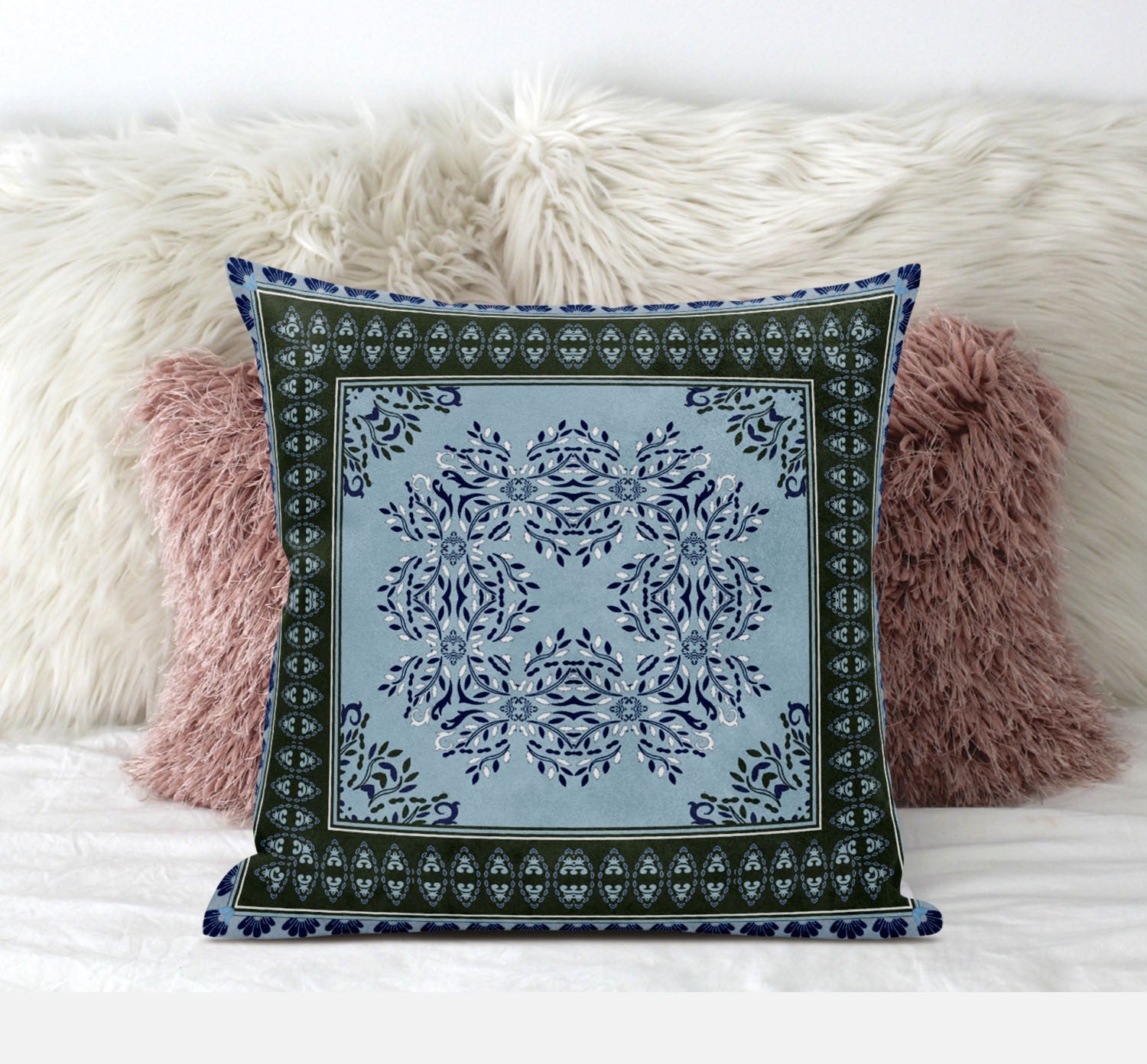 16" X 16" Dark Green Light Blue Geometric Blown Seam Suede Throw Pillow