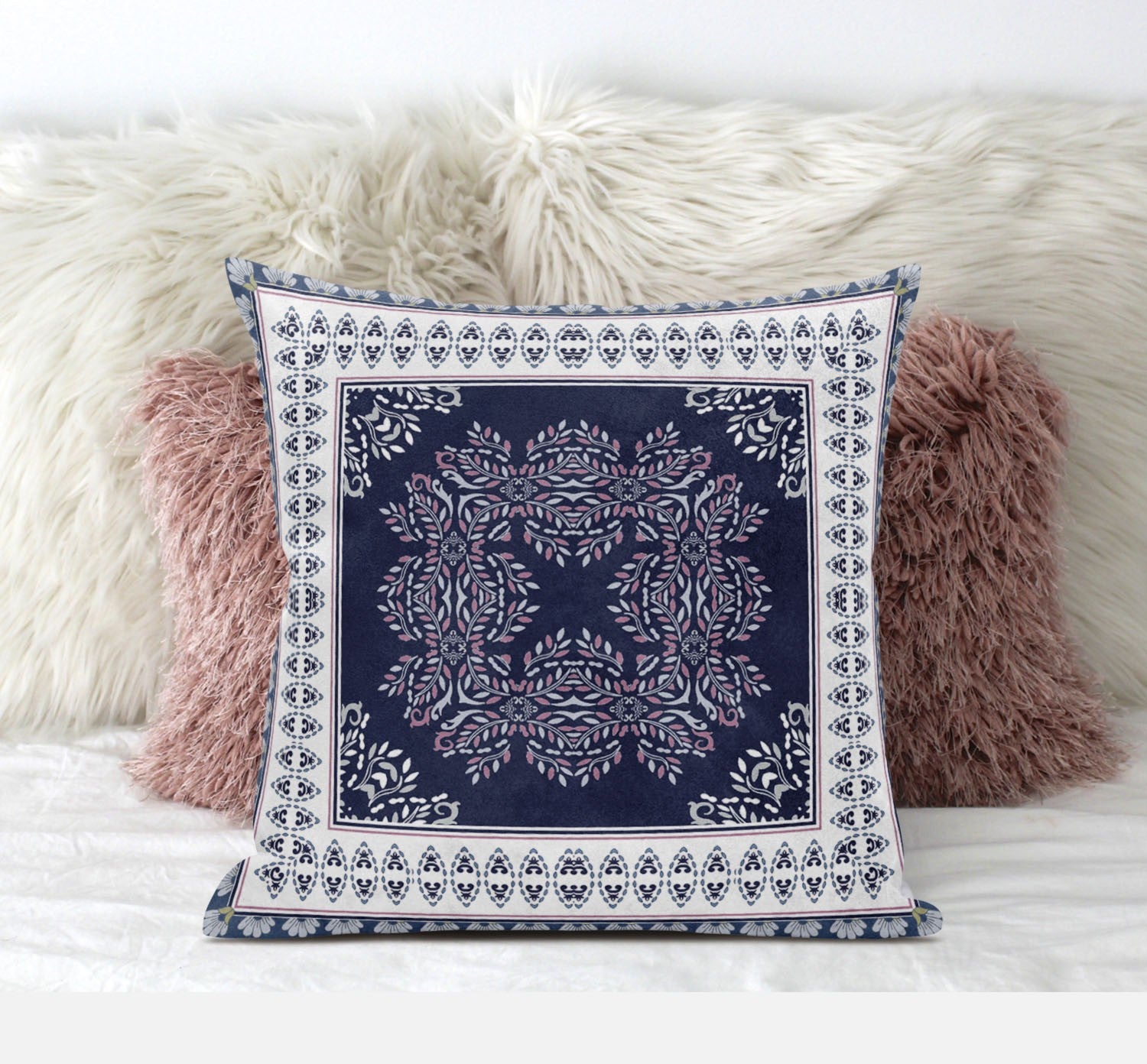 16" X 16" Blue Pink White Geometric Blown Seam Suede Throw Pillow