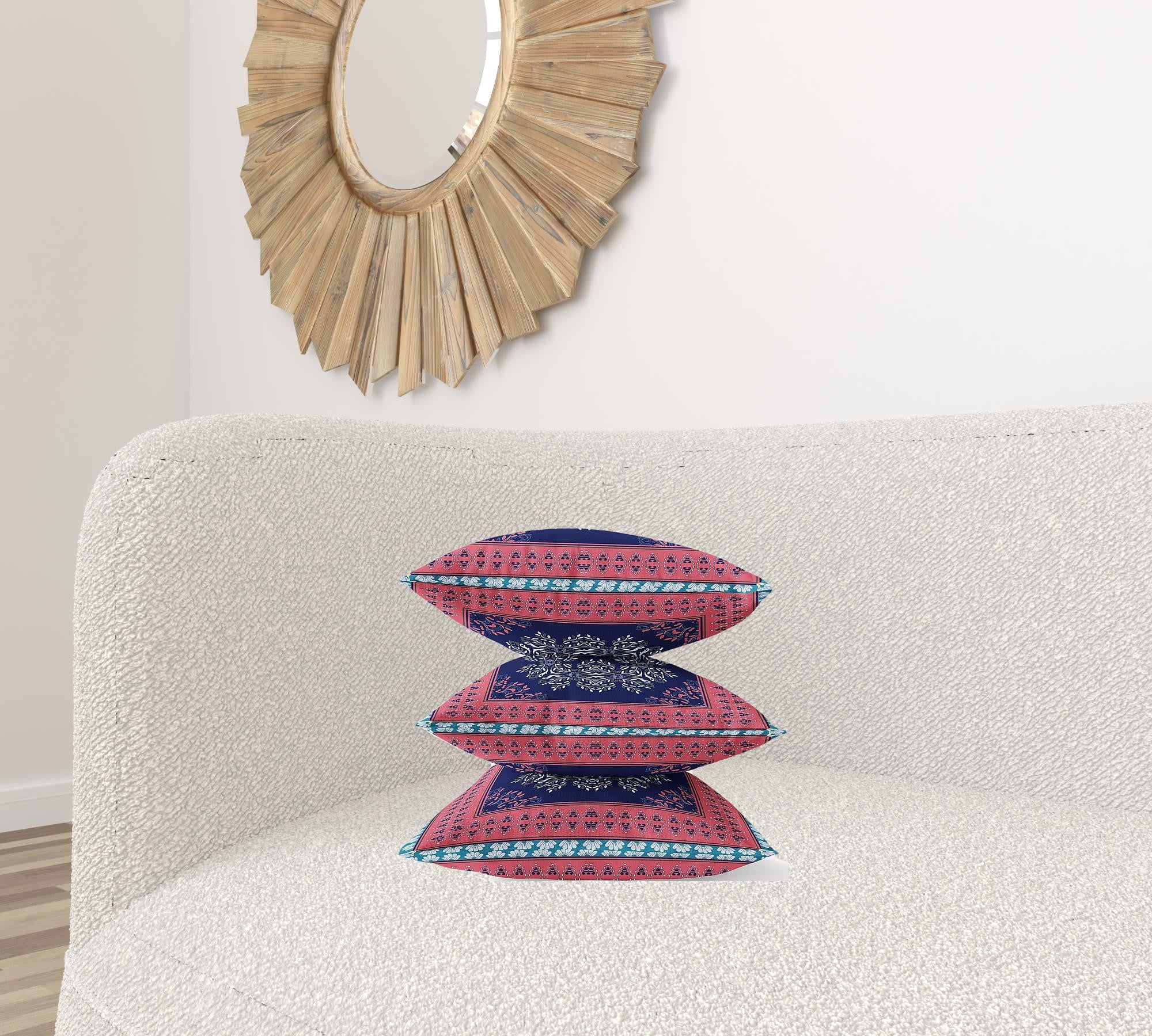 16" X 16" Dark Blue Red Geometric Blown Seam Suede Throw Pillow