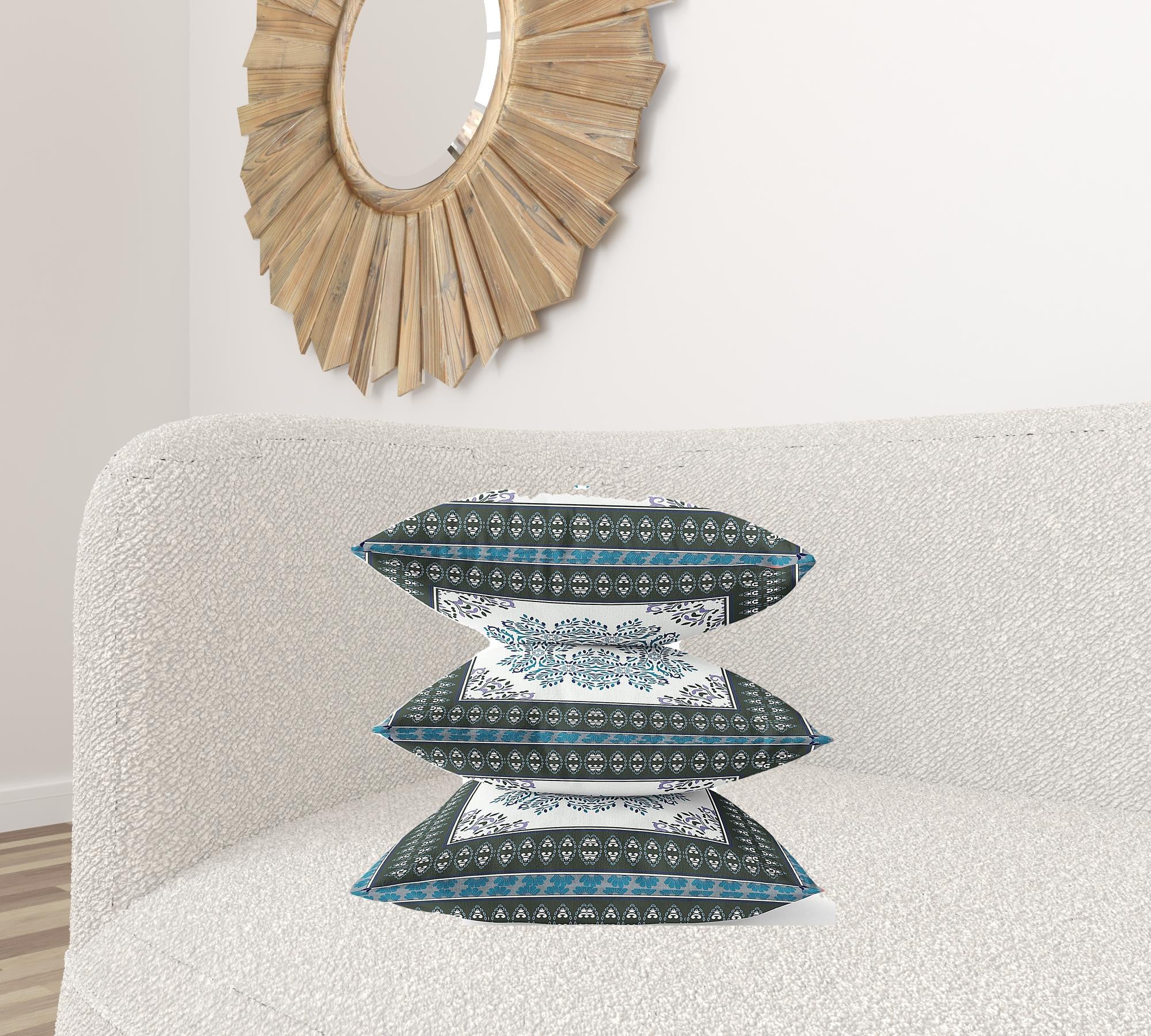 18" X 18" Black Ivory Blue Geometric Blown Seam Suede Throw Pillow