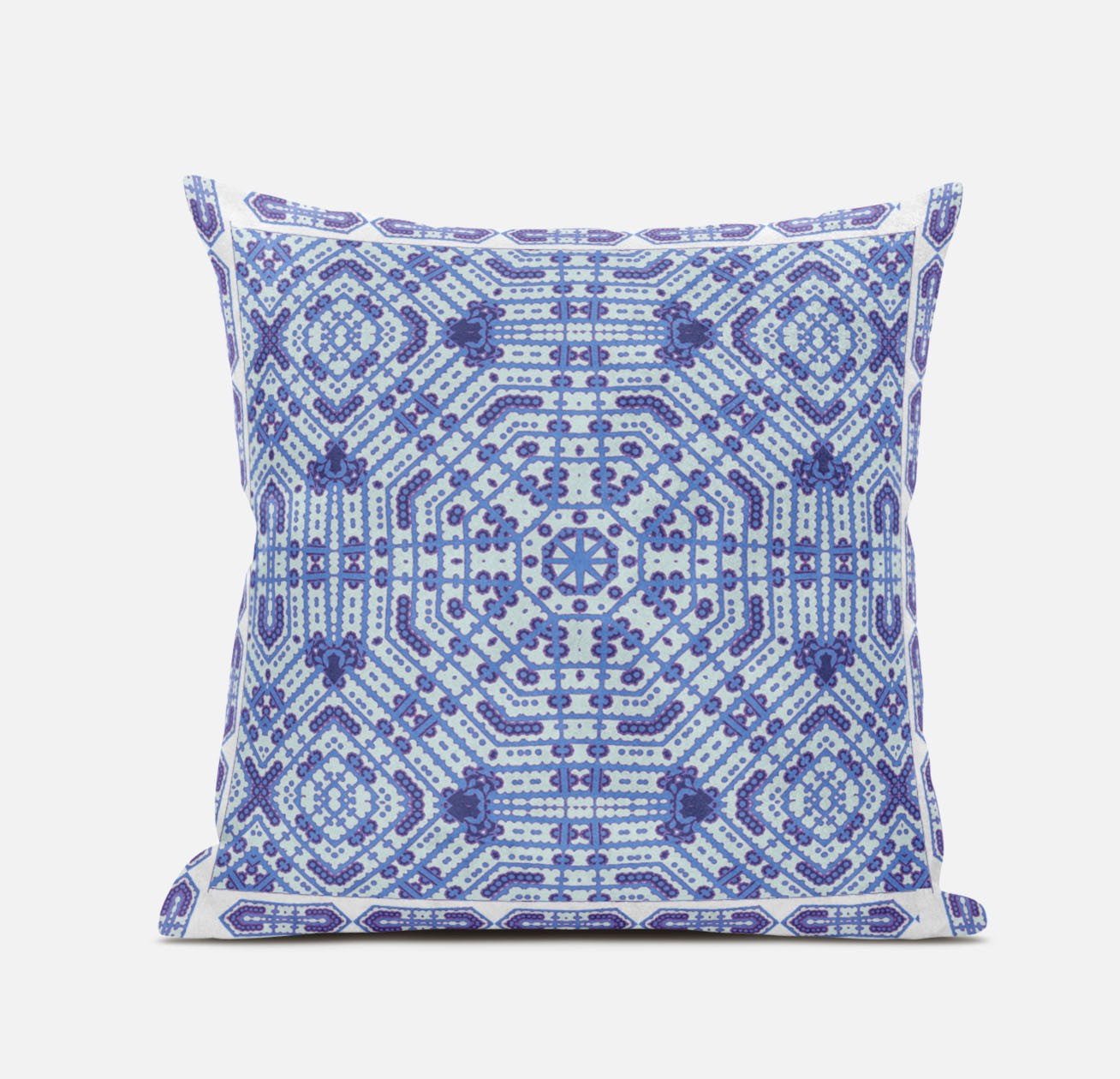 18" X 18" Indigo White Geometric Blown Seam Suede Throw Pillow