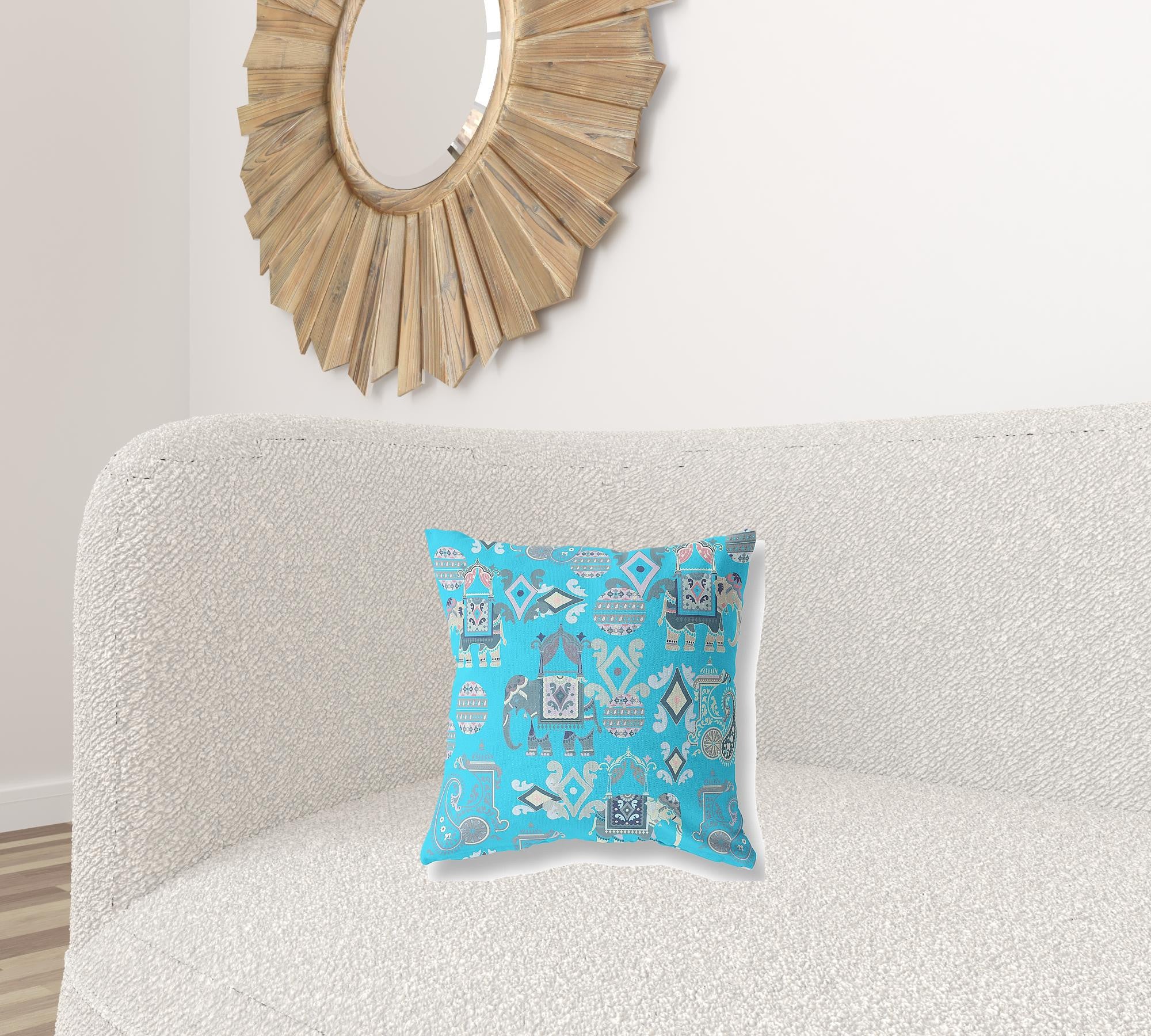 16" X 16" Bright Blue And Gray Paisley Zippered Suede Throw Pillow