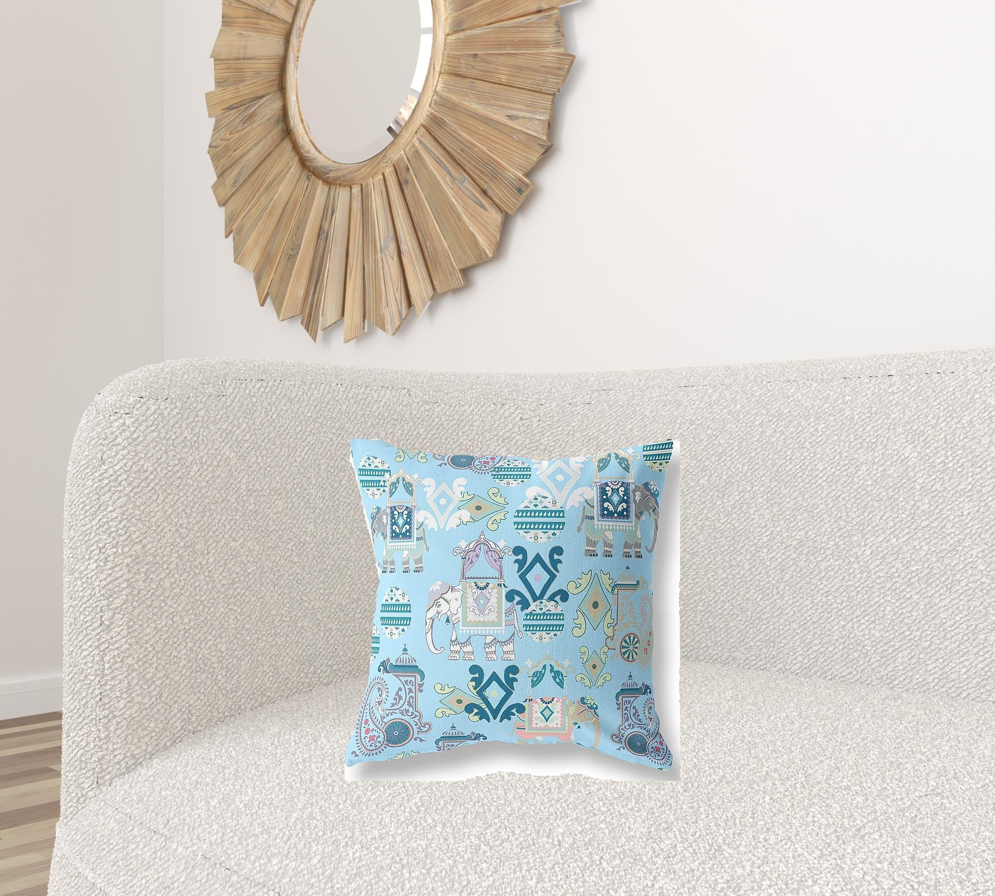 18" X 18" Sky Blue And White Paisley Zippered Suede Throw Pillow