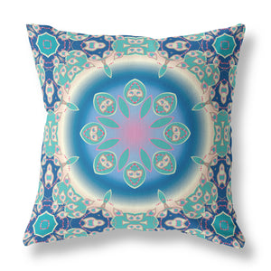 16" X 16" Blue And Turquoise Geometric Zippered Suede Throw Pillow