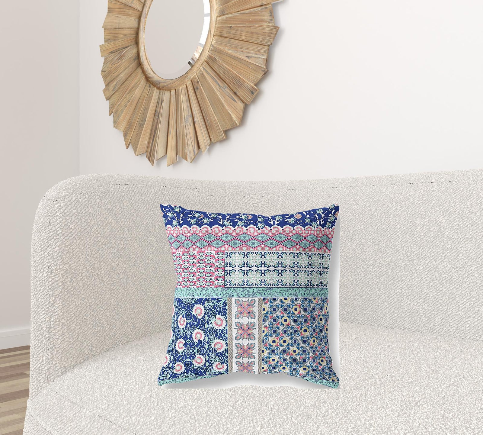 20” Blue Pink Patch Zippered Suede Throw Pillow