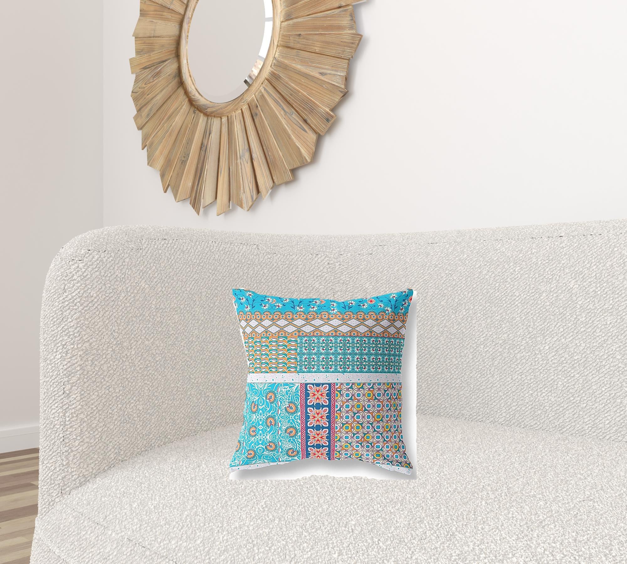 16” Turquoise White Patch Zippered Suede Throw Pillow