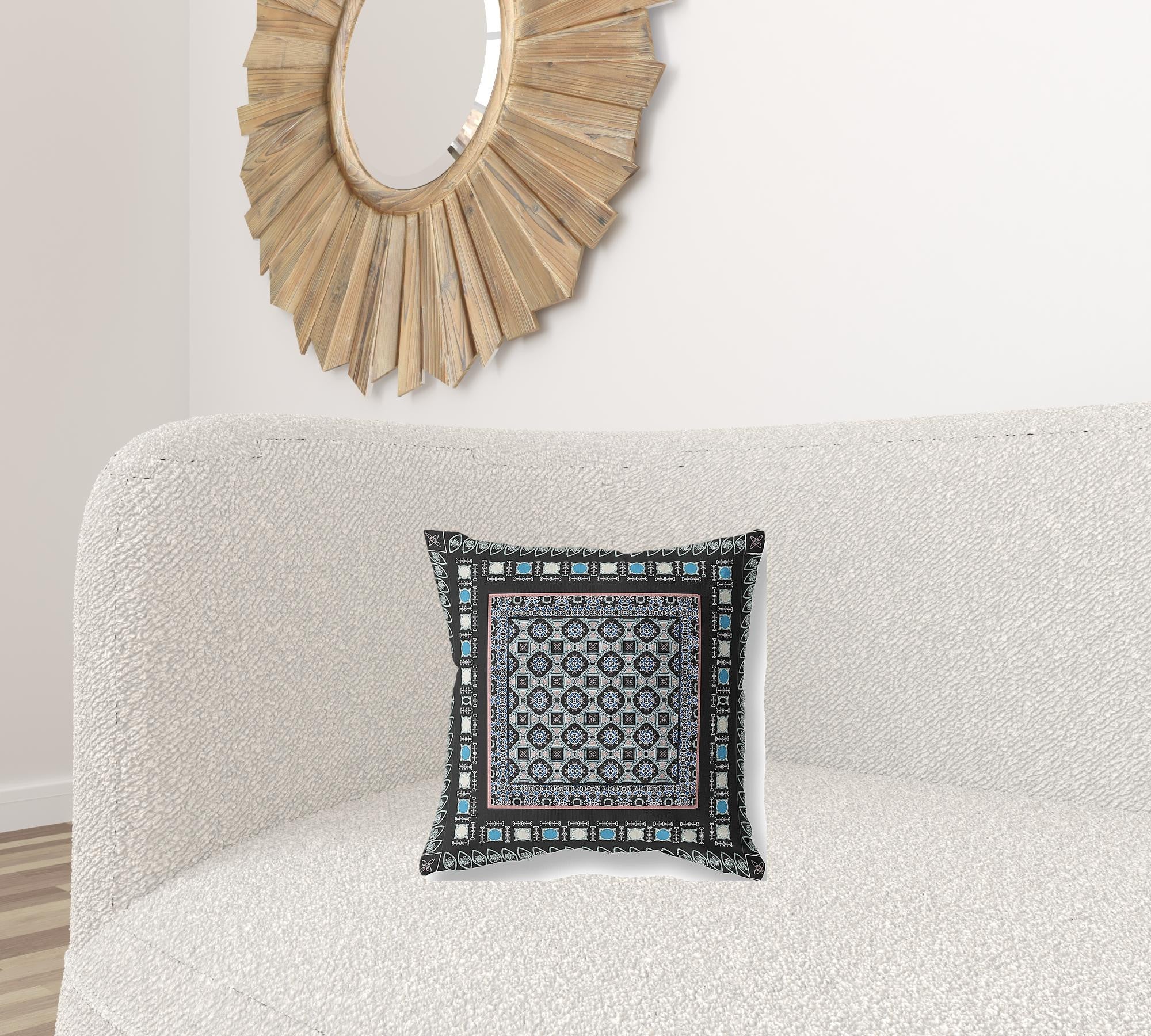 16" X 16" Black And Blue Floral Zippered Suede Throw Pillow