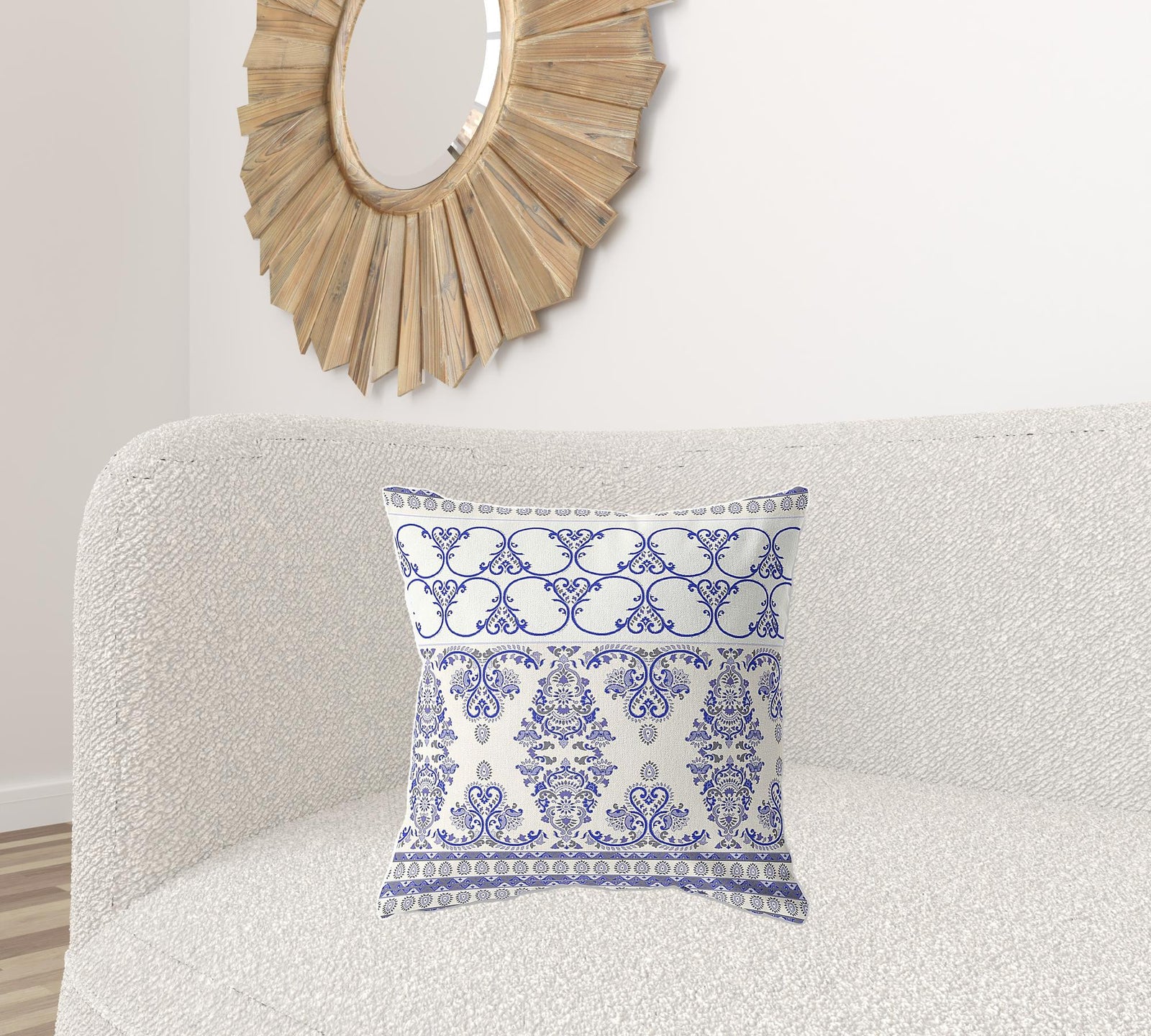 18" X 18" White And Blue Zippered Geometric Indoor Outdoor Throw Pillow