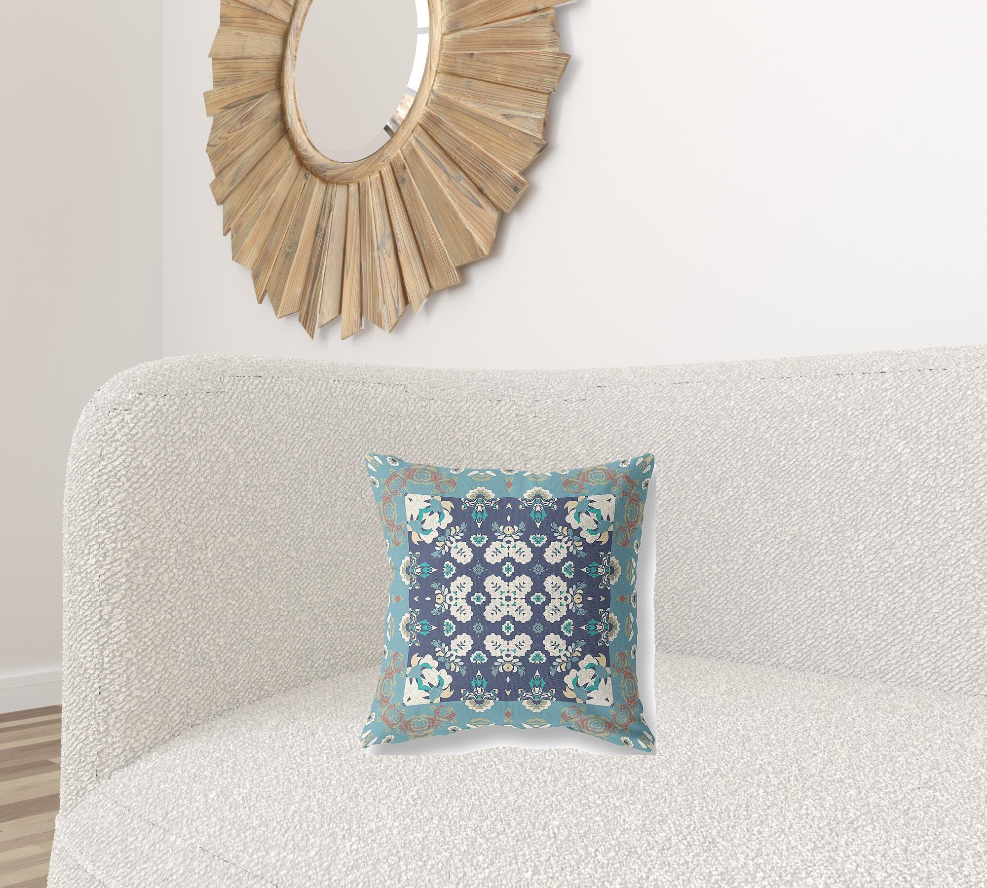 16" X 16" Gray And Blue Floral Zippered Suede Throw Pillow