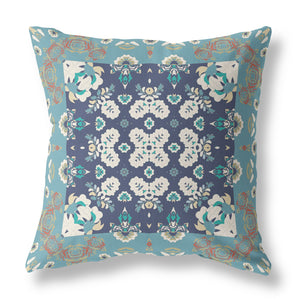 18" X 18" Gray And Blue Floral Zippered Suede Throw Pillow