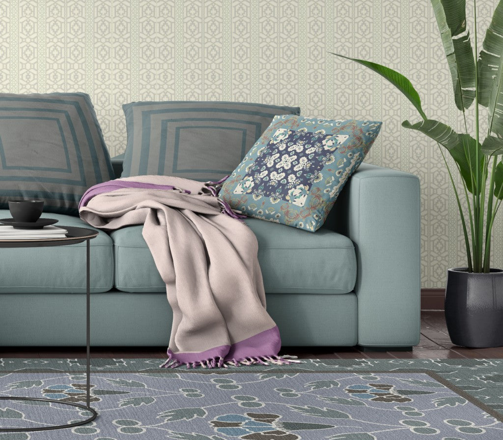 18" X 18" Gray And Blue Floral Zippered Suede Throw Pillow