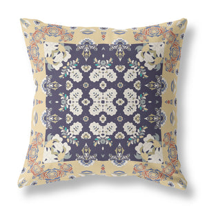 16" X 16" Yellow And Navy Floral Zippered Suede Throw Pillow