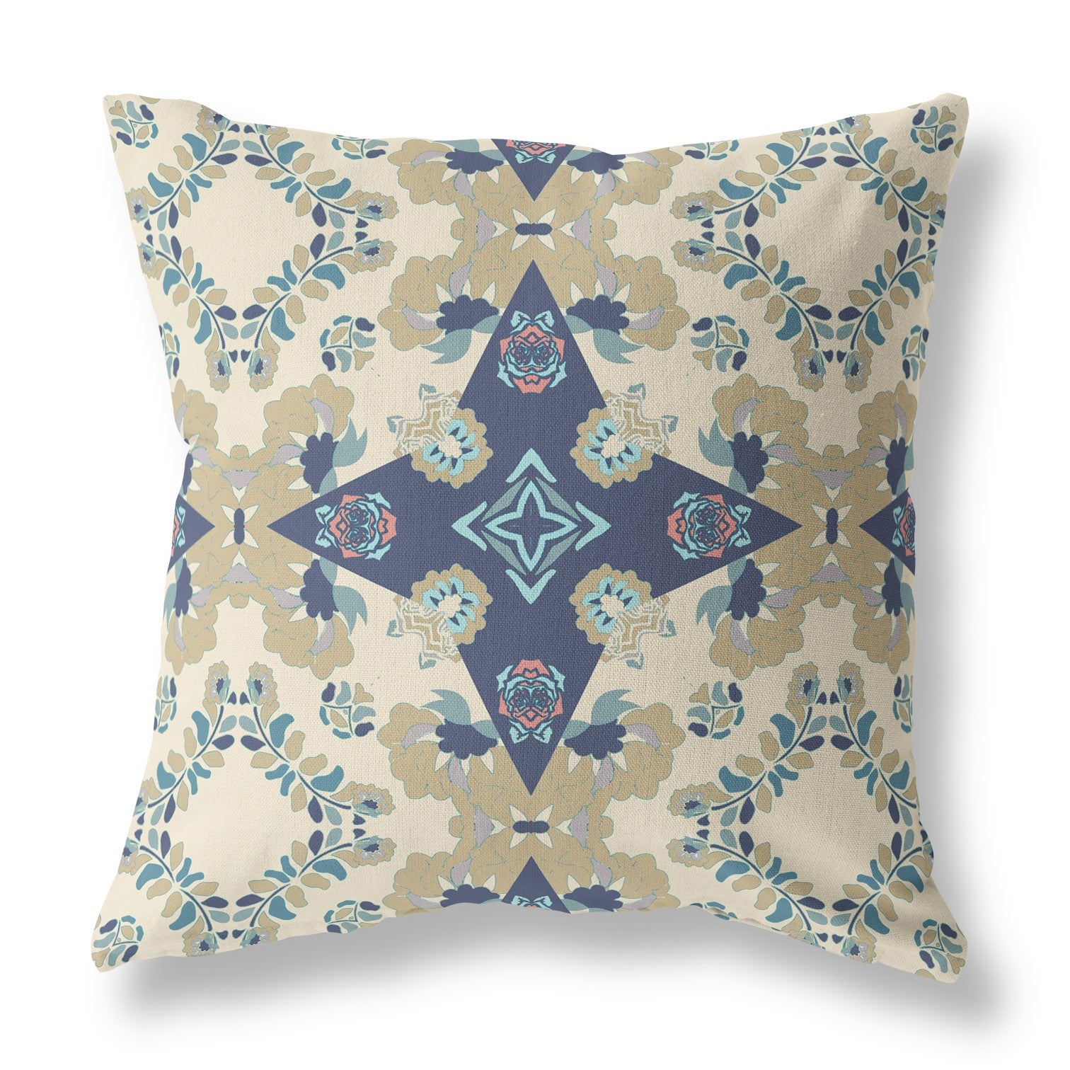 16" X 16" Cream And Blue Floral Zippered Suede Throw Pillow