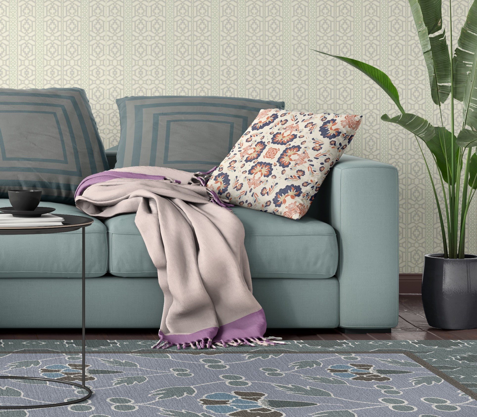 Cojín de gamuza con cremallera floral blanco y azul de 20 "X 20"