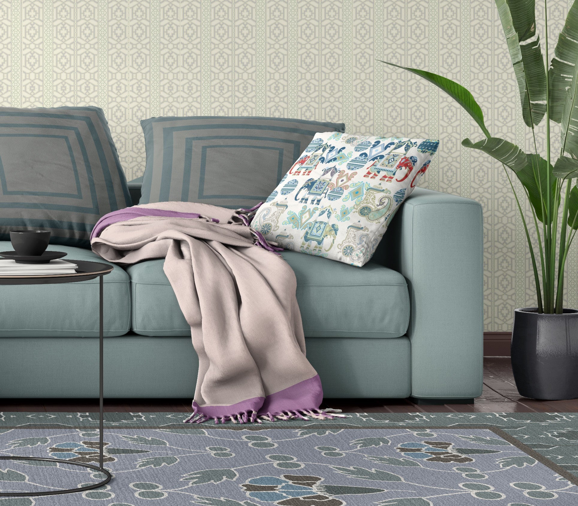 18 英寸 X 18 英寸藍色和白色佩斯利吹邊接縫絨面革抱枕