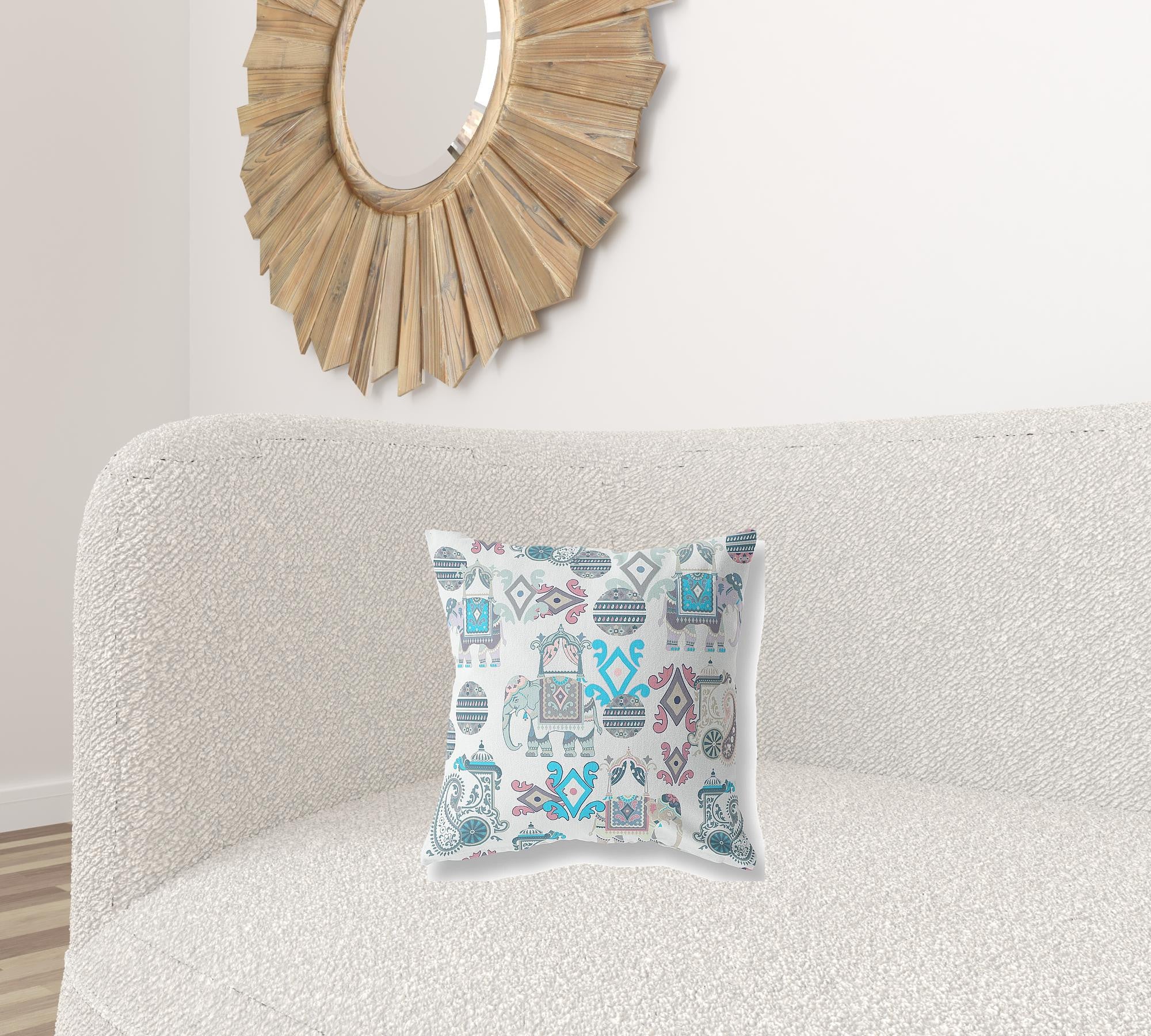 16" X 16" Beige And Blue Paisley Blown Seam Suede Throw Pillow