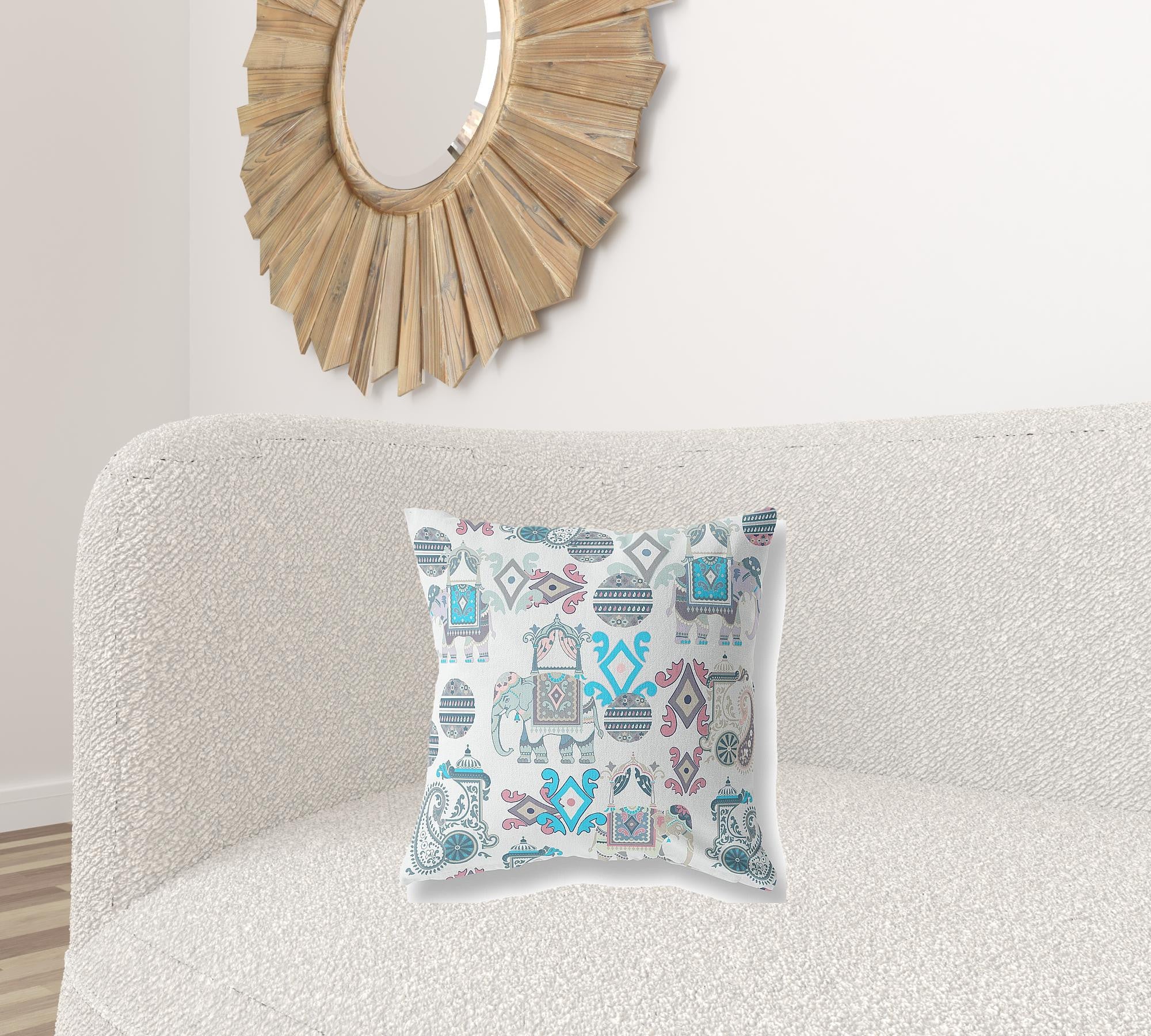 18" X 18" Beige And Blue Paisley Blown Seam Suede Throw Pillow