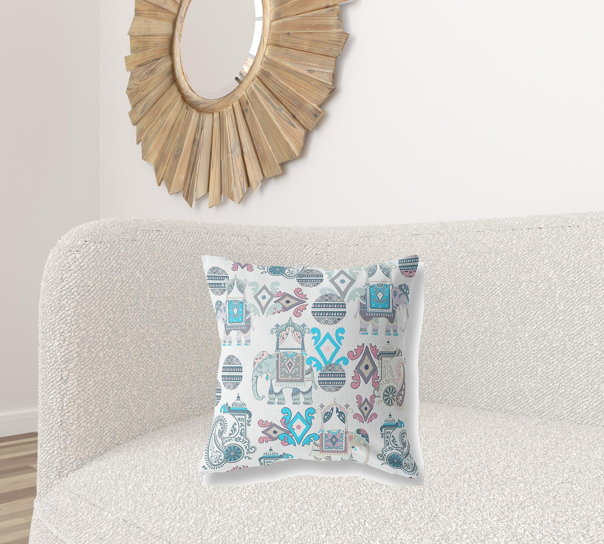 18" X 18" Beige And Blue Paisley Blown Seam Suede Throw Pillow