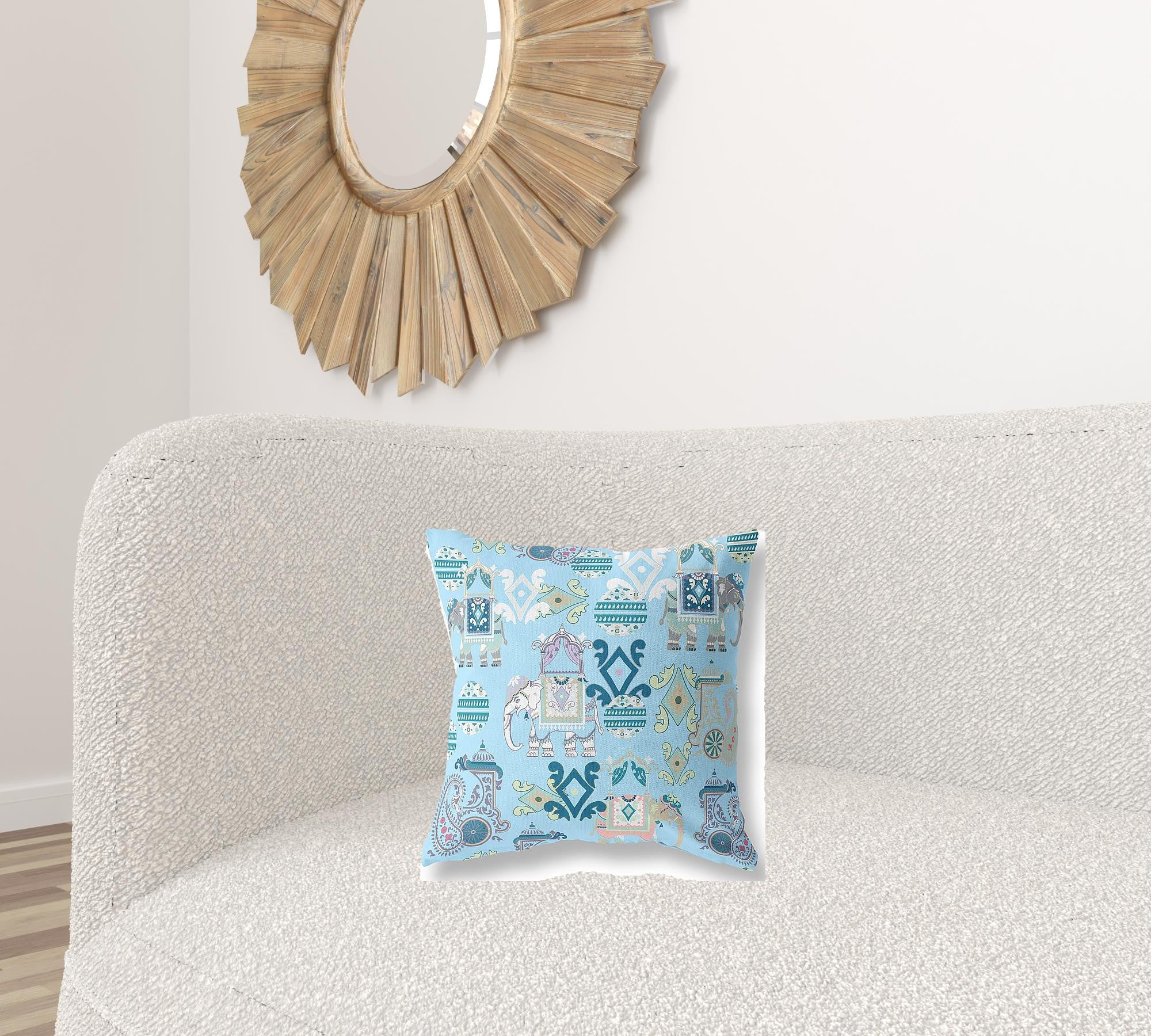 16" X 16" Sky Blue And White Paisley Blown Seam Suede Throw Pillow