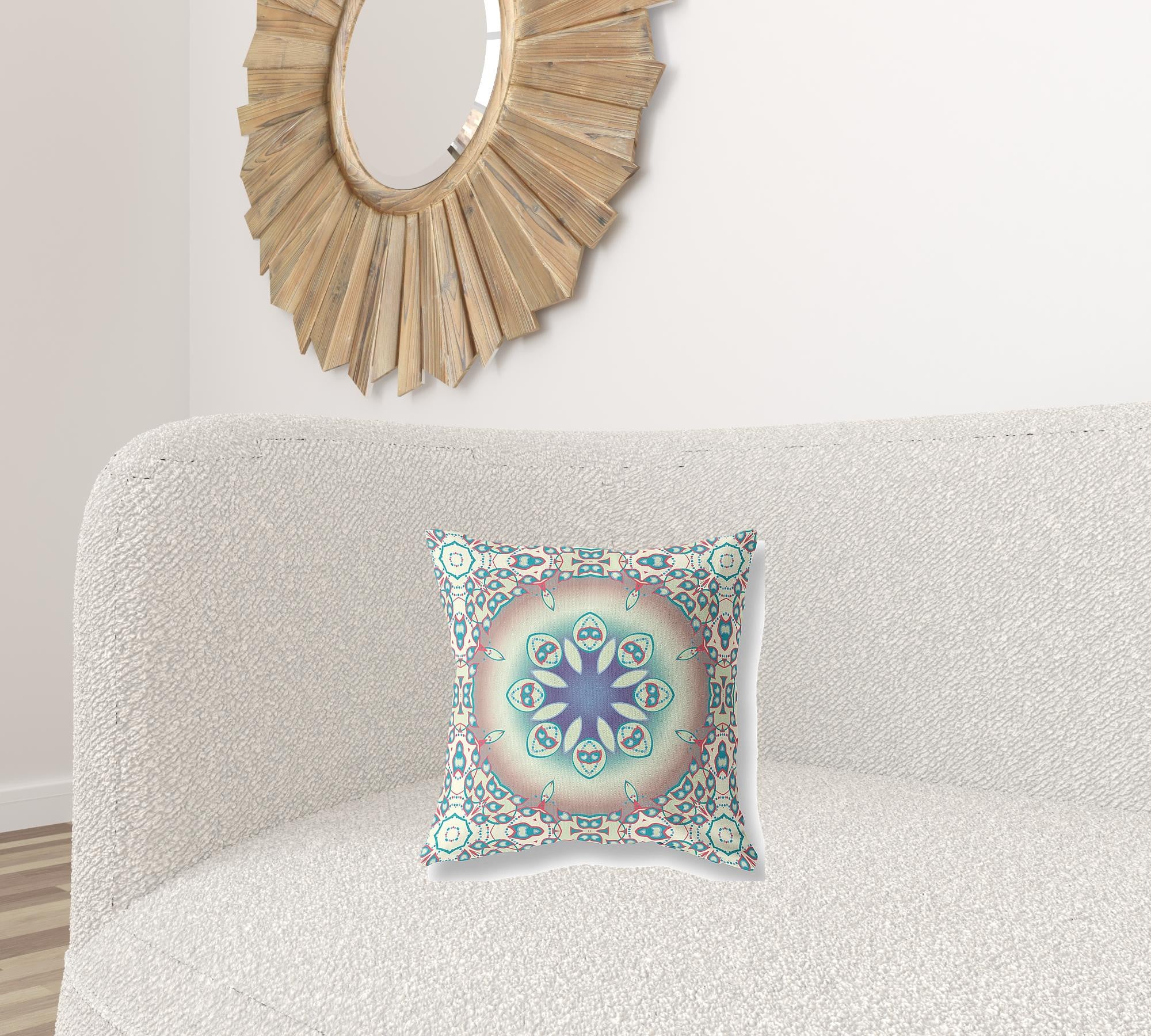 16" X 16" Beige And Blue Geometric Blown Seam Suede Throw Pillow