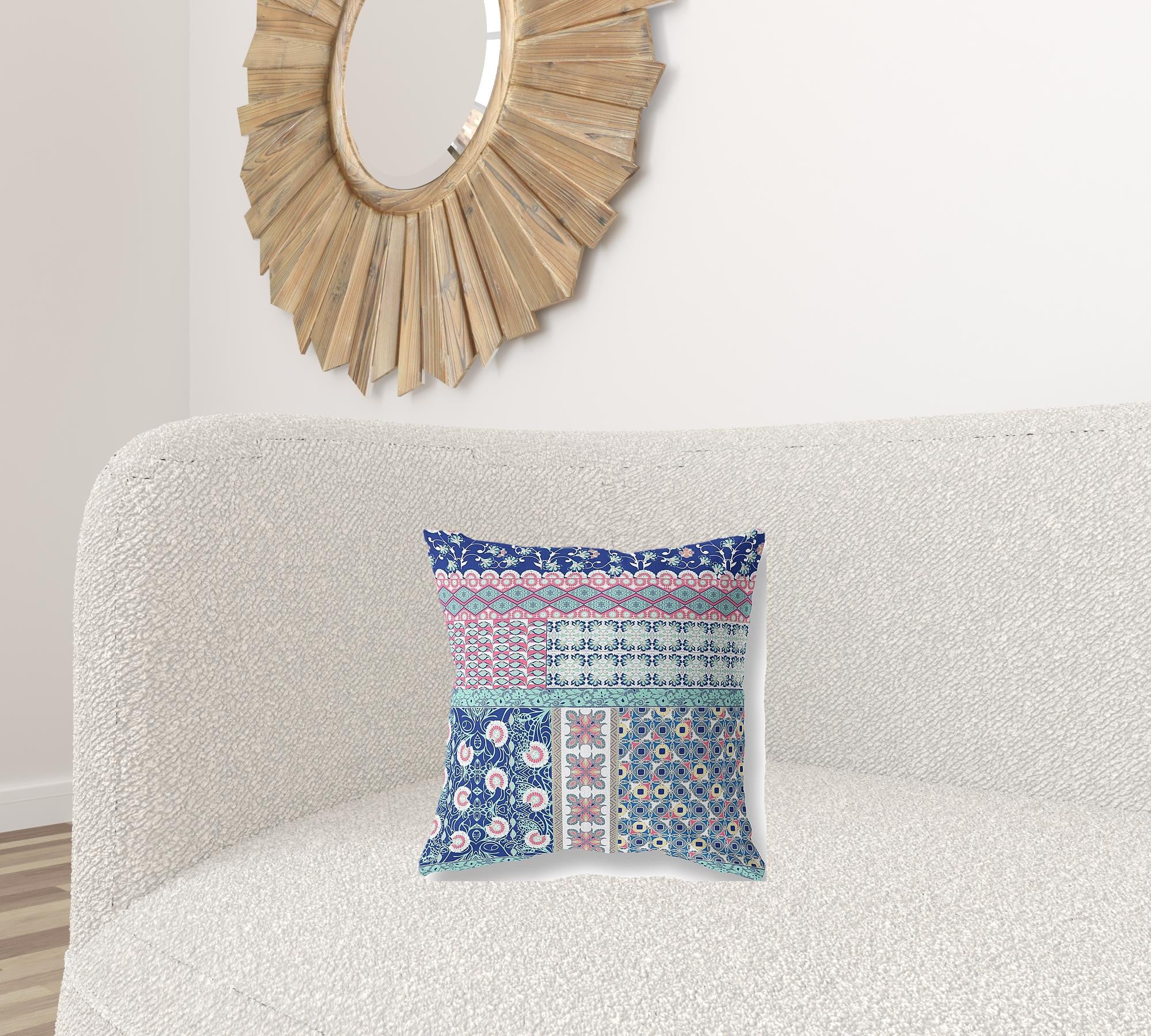 16” Blue Pink Patch Blown & Closed Suede Throw Pillow