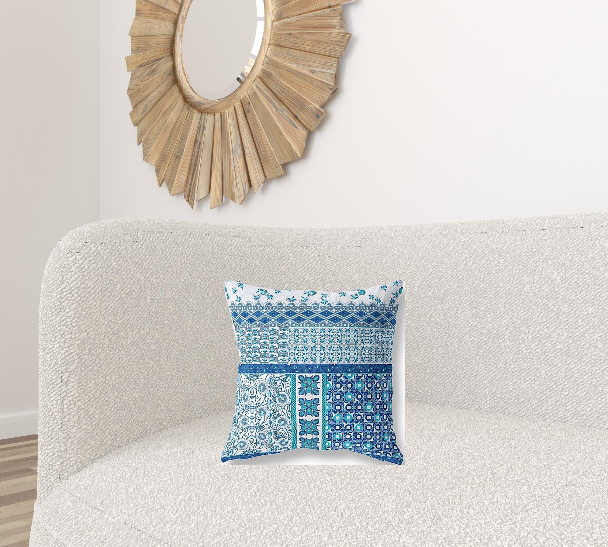 16” Blue White Patch Blown & Closed Suede Throw Pillow