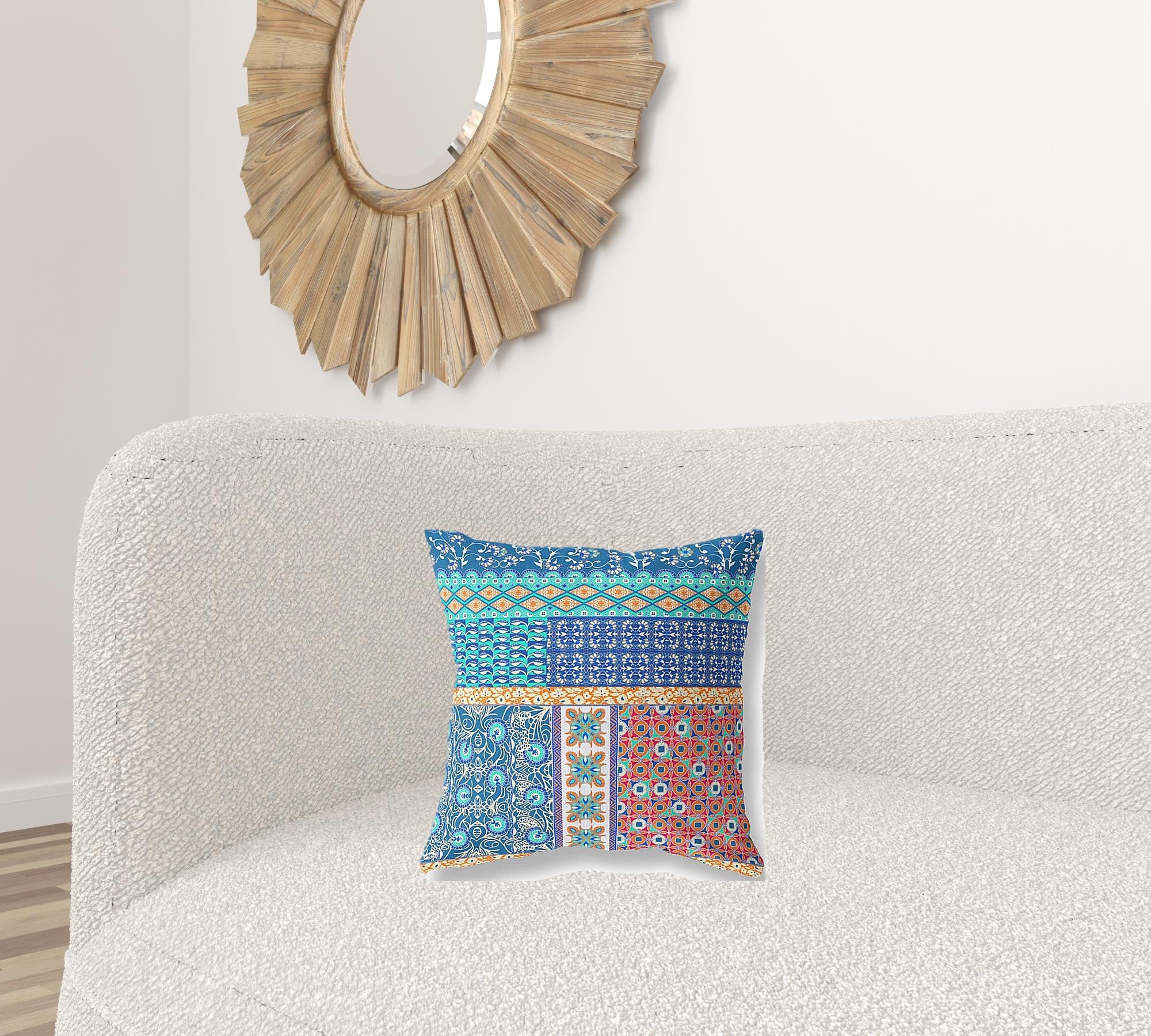 16” Blue Orange Patch Blown & Closed Suede Throw Pillow