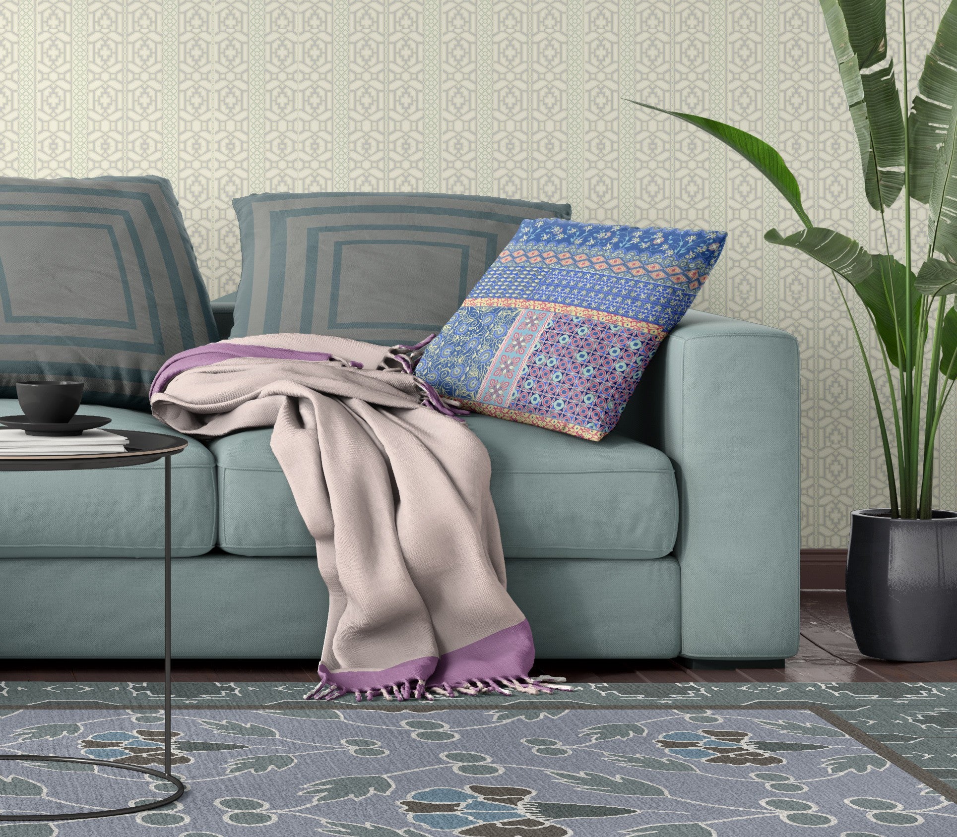 16” Blue Yellow Patch Blown & Closed Suede Throw Pillow