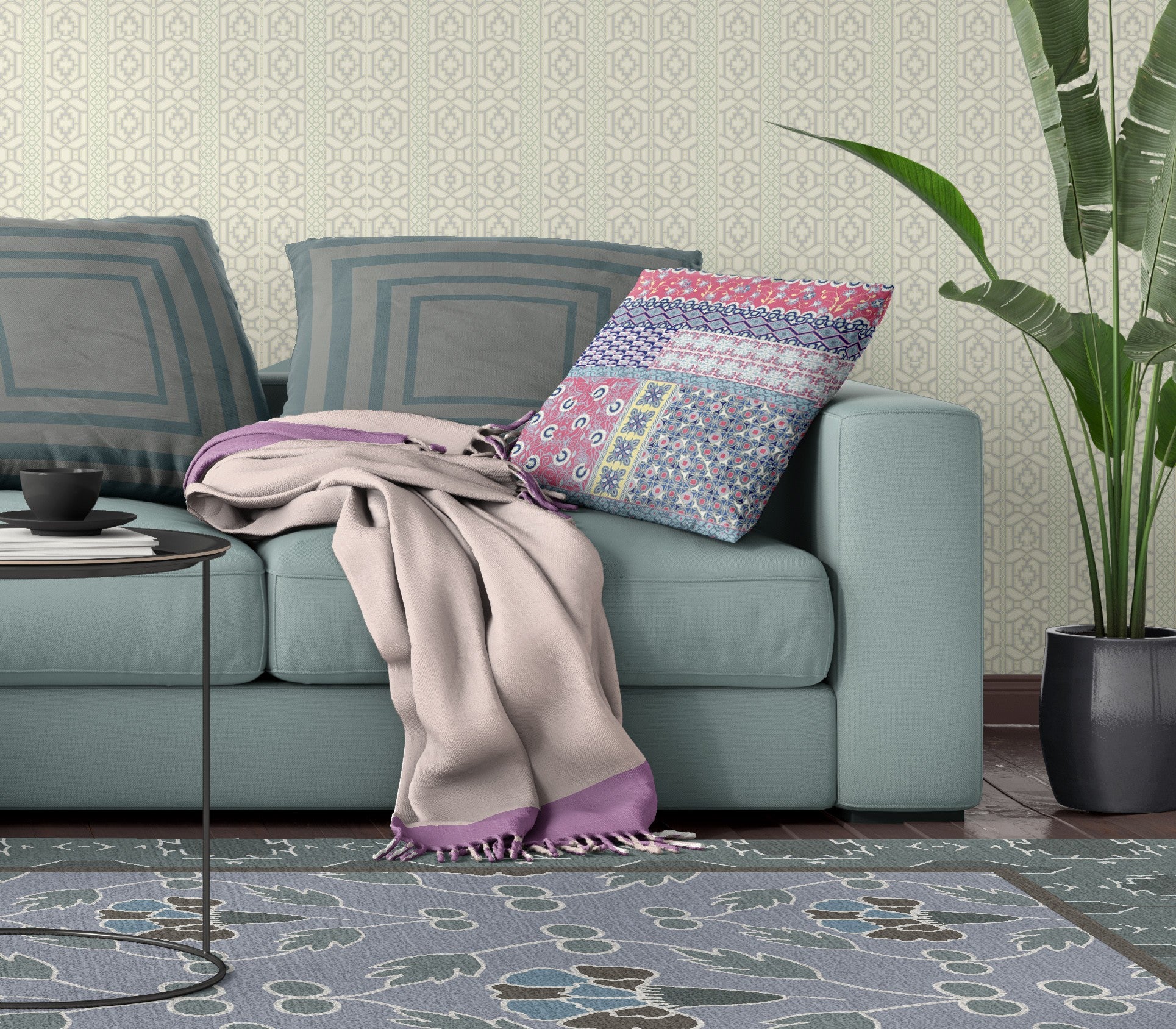 16” Pink Teal Patch Blown & Closed Suede Throw Pillow