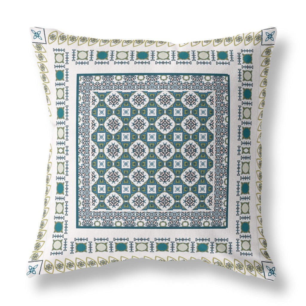 16" X 16" White And Green Floral Blown Seam Suede Throw Pillow