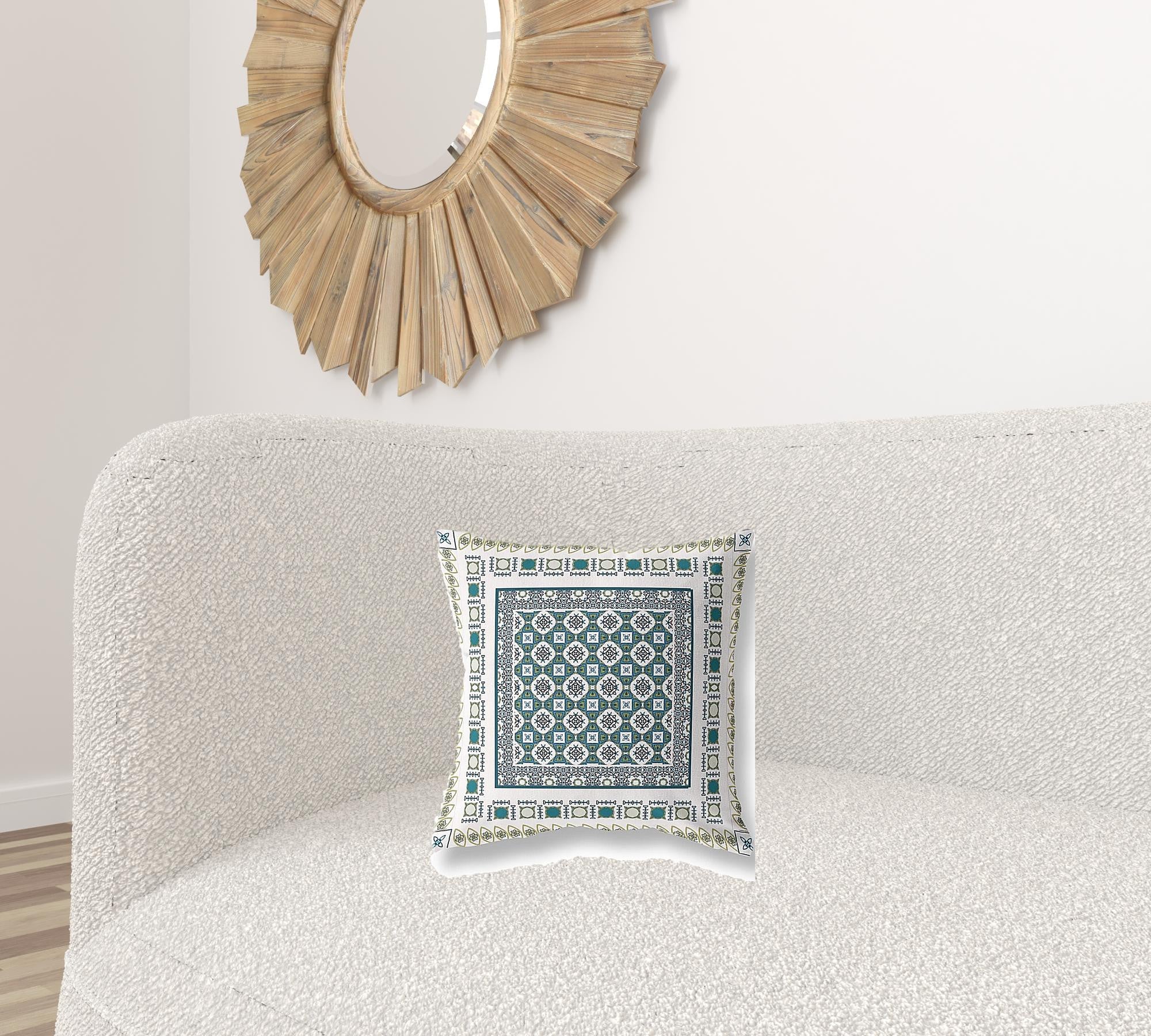 16" X 16" White And Green Floral Blown Seam Suede Throw Pillow