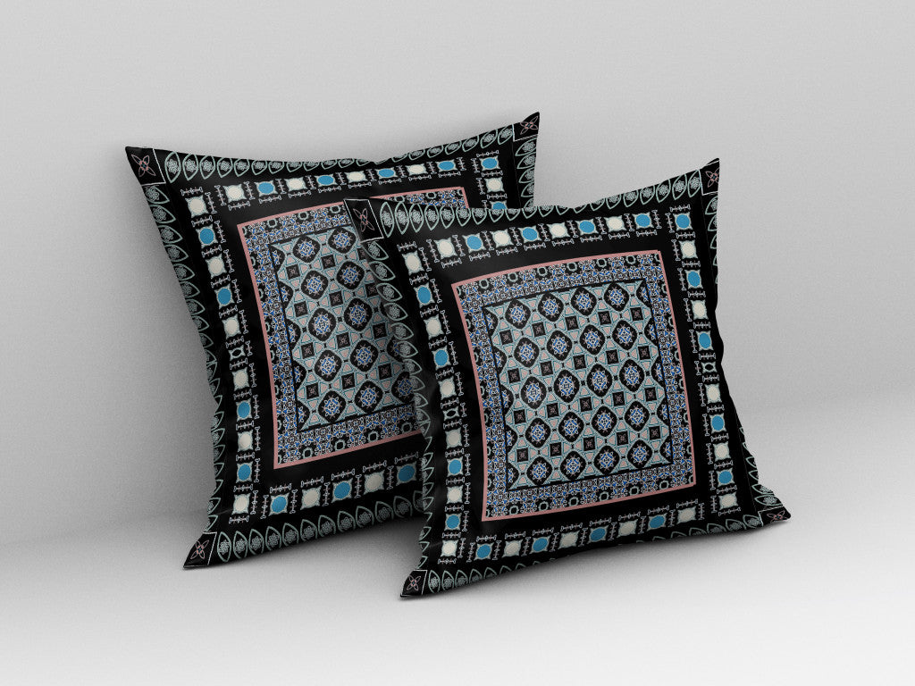 16" X 16" Black And Blue Floral Blown Seam Suede Throw Pillow