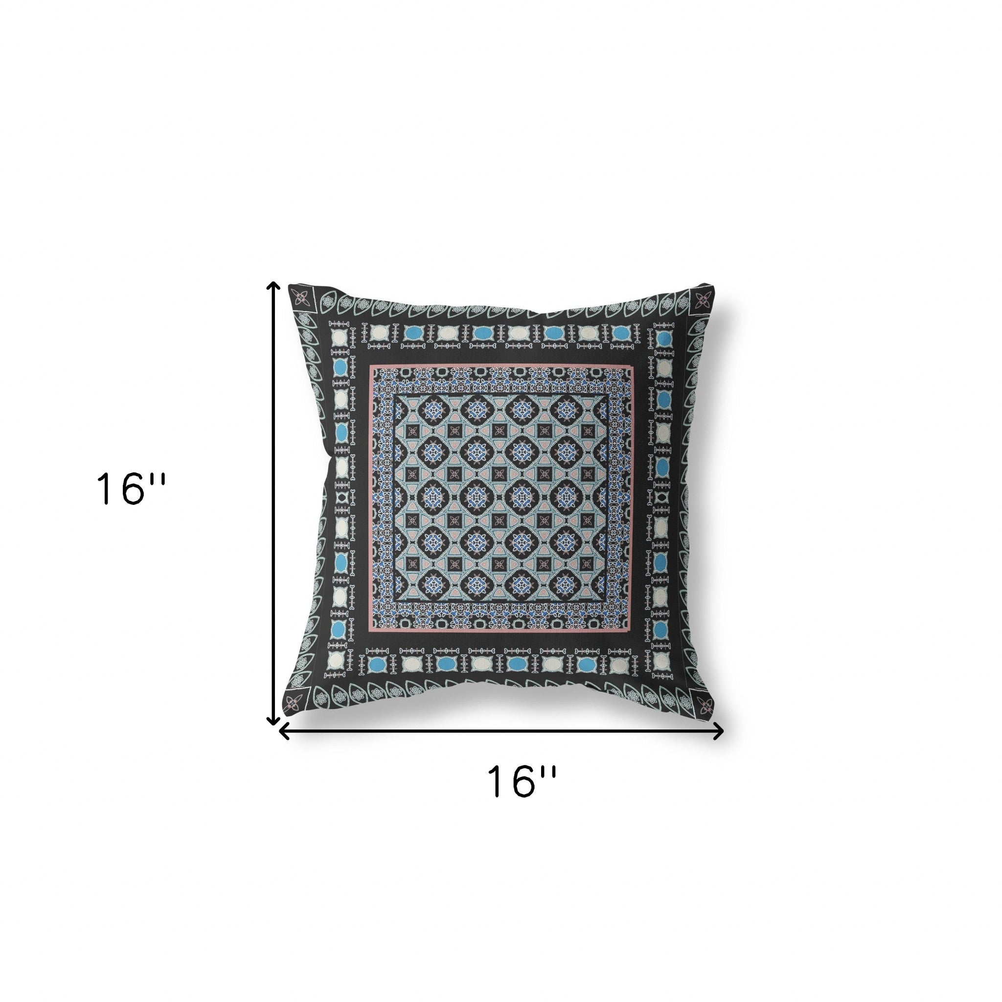 16" X 16" Black And Blue Floral Blown Seam Suede Throw Pillow