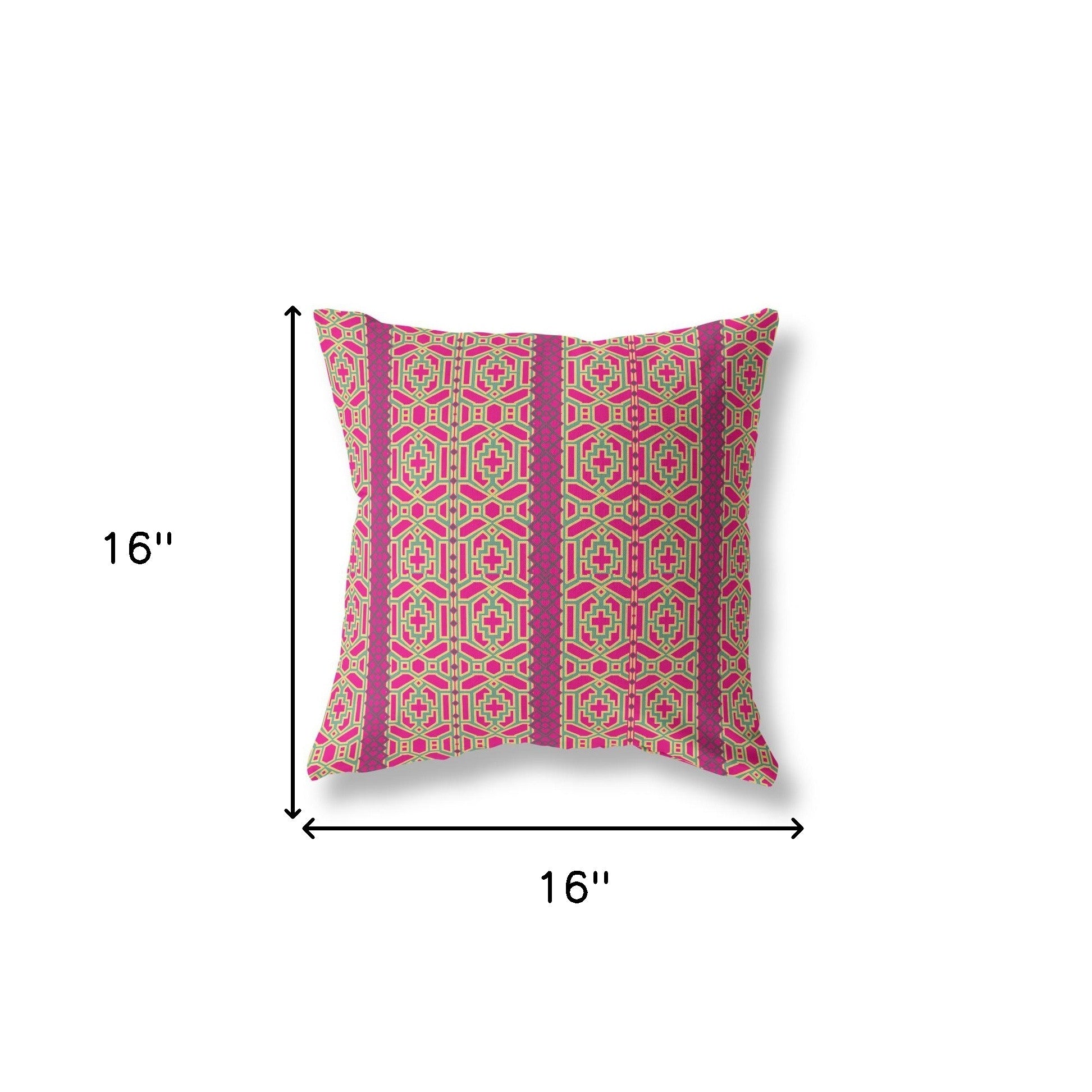 16" X 16" Pink And Green Geometric Blown Seam Suede Throw Pillow
