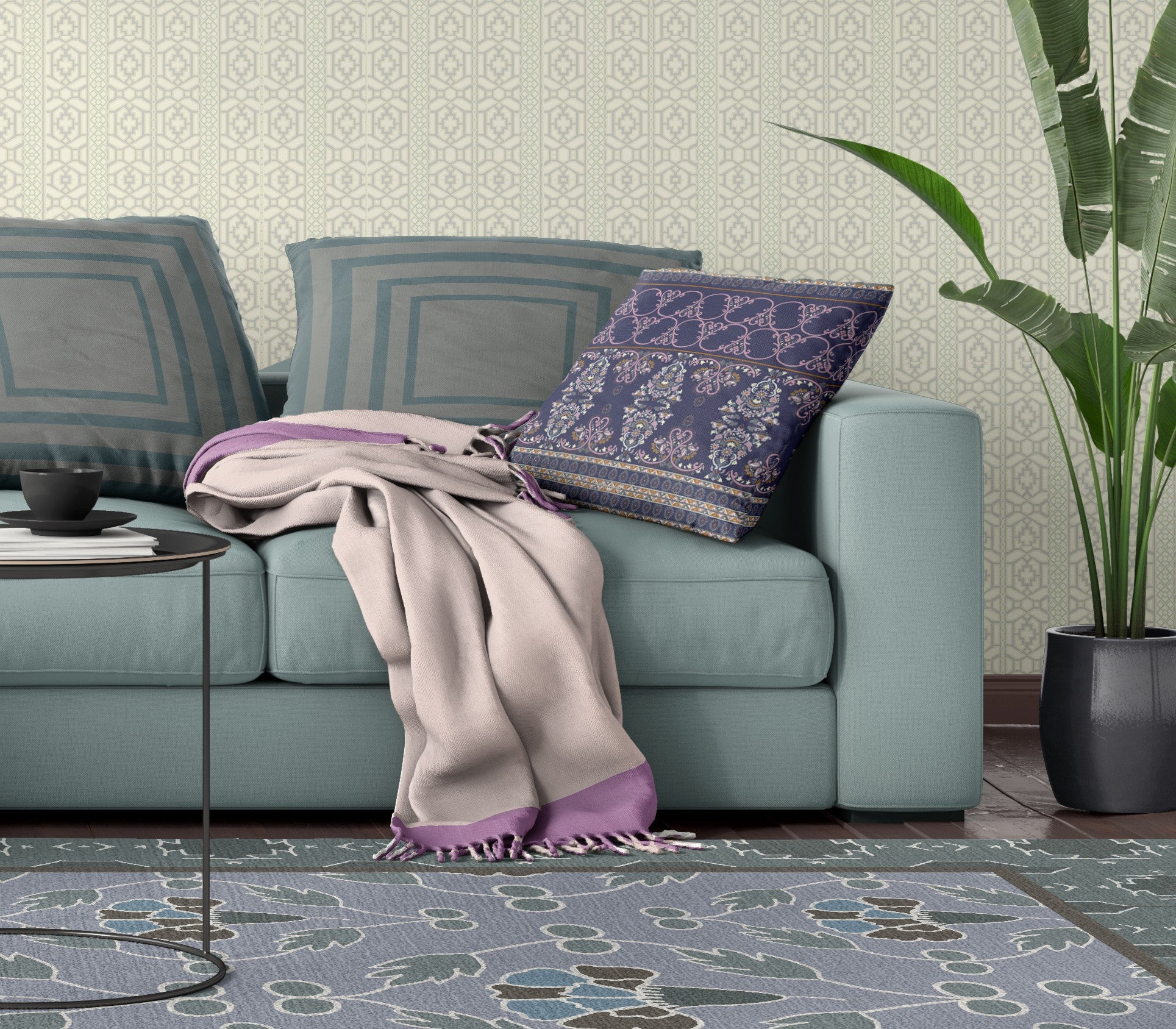 18 英寸 X 18 英寸藍色和粉色模板吹製縫絨面革抱枕