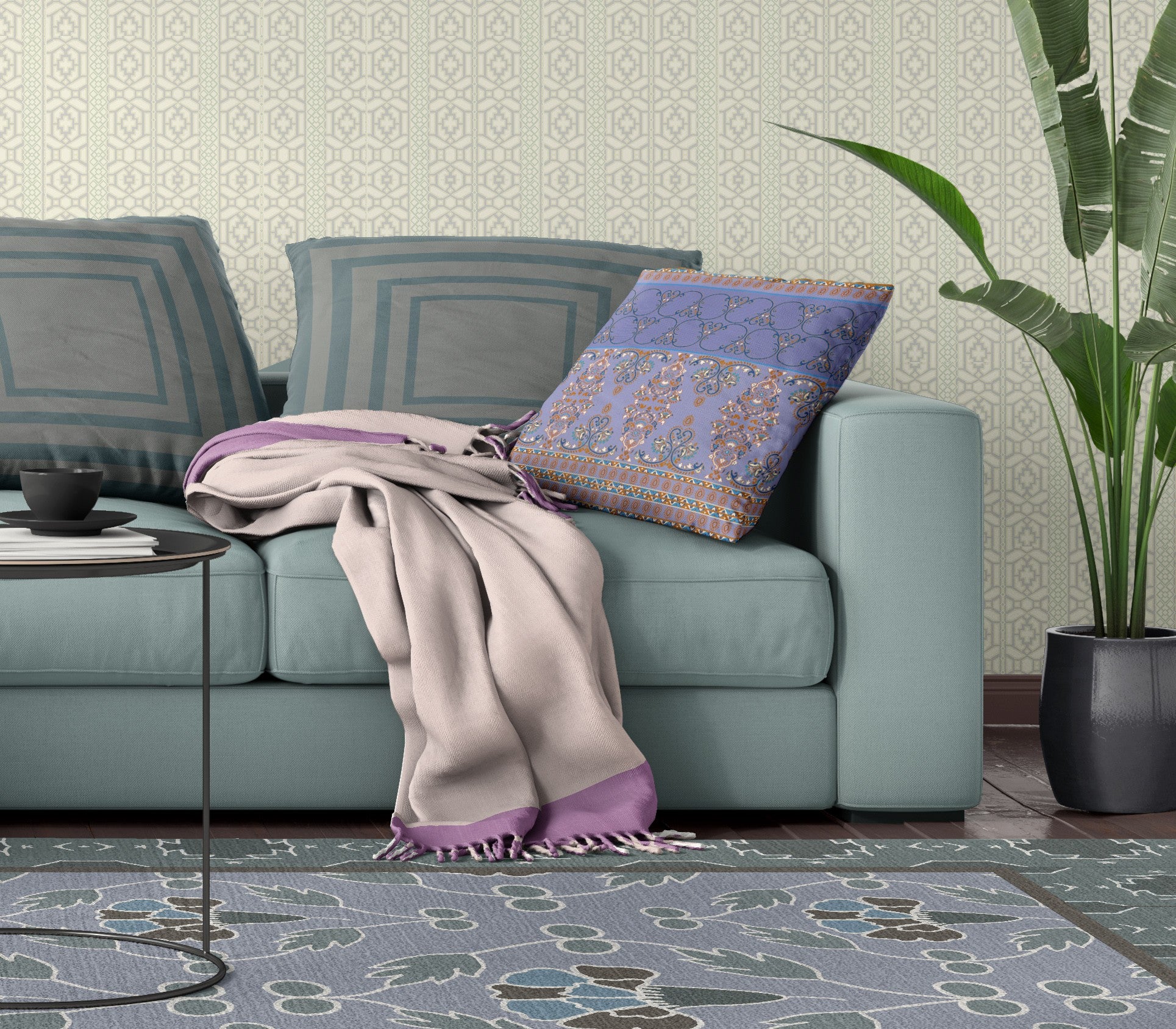 Cojín de gamuza con costura soplada con plantilla morada y azul de 18 "X 18"