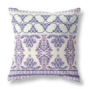 16" X 16" White And Purple Stencil Blown Seam Suede Throw Pillow