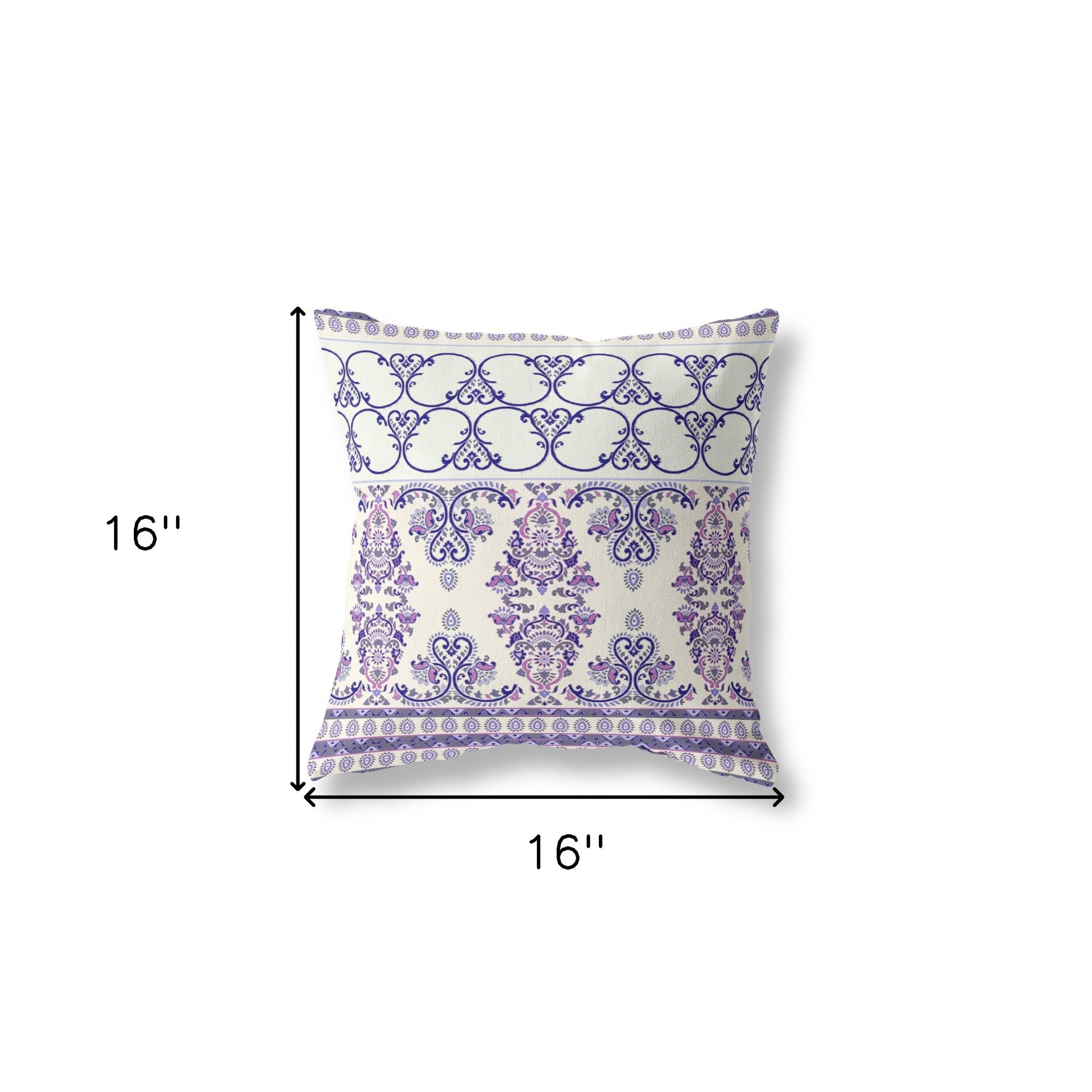 16" X 16" White And Purple Stencil Blown Seam Suede Throw Pillow