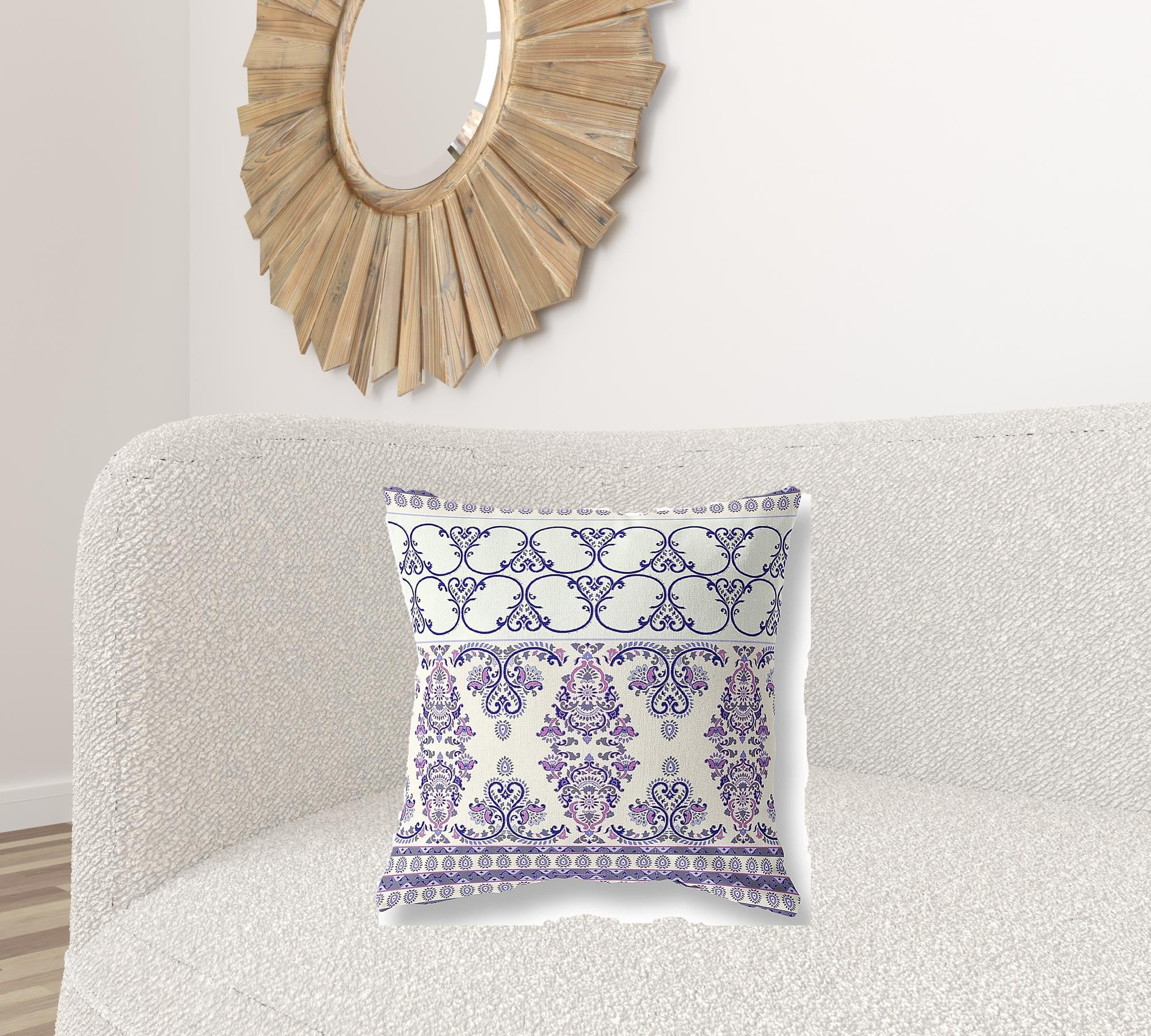 18" X 18" White And Purple Stencil Blown Seam Suede Throw Pillow